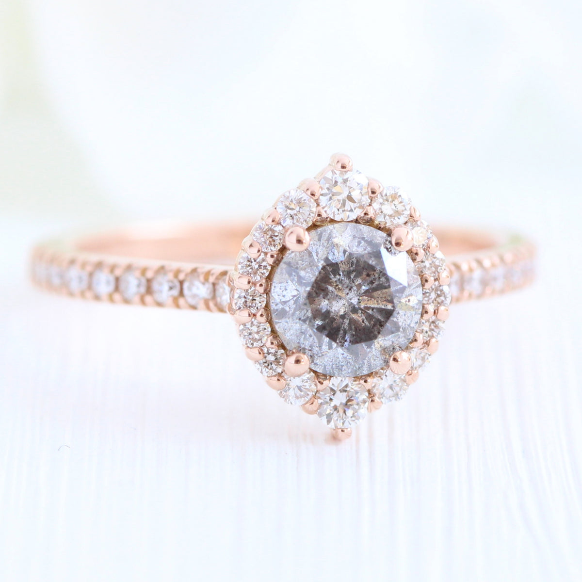 Salt and pepper diamond ring rose gold halo ring pave diamond band la more design jewelry