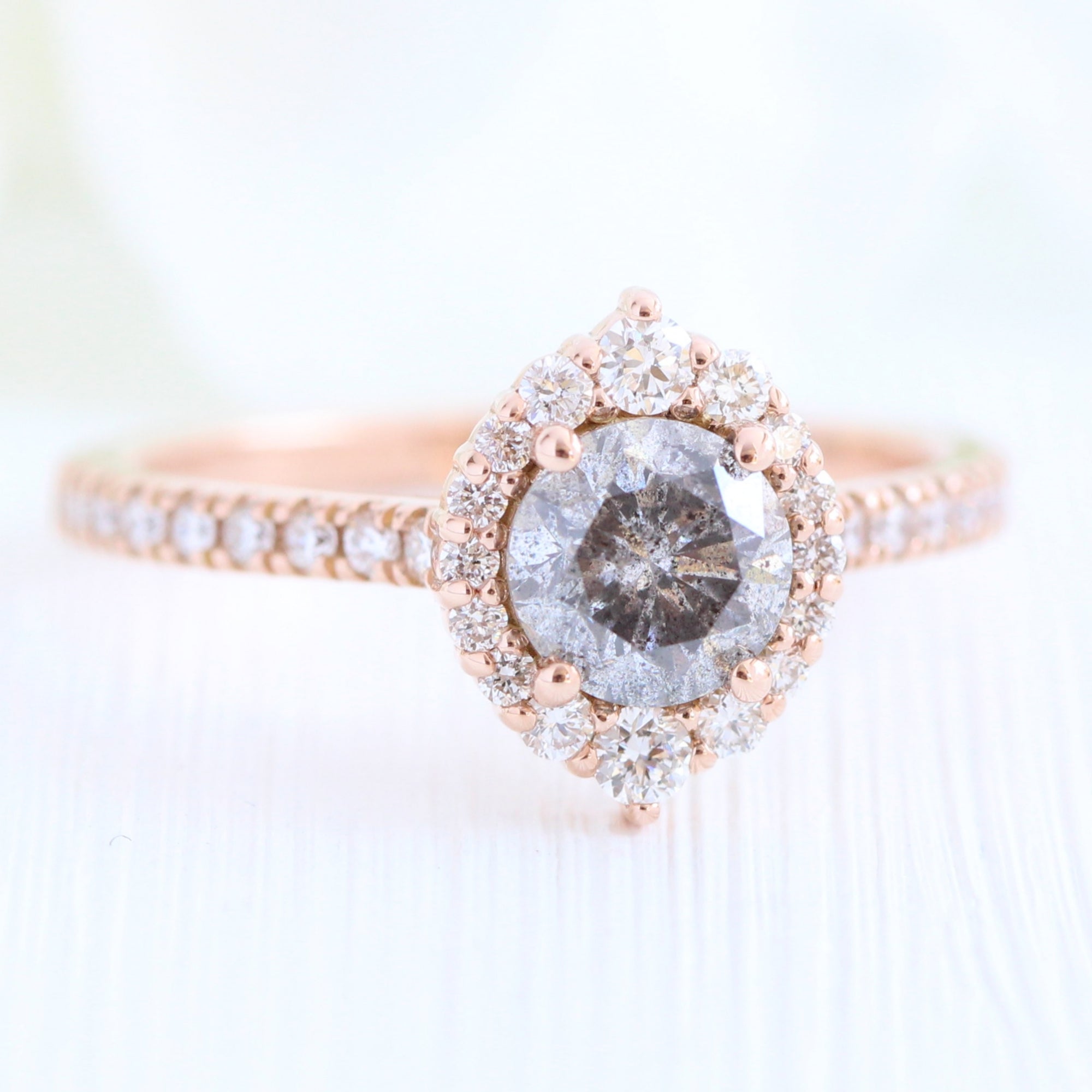Salt and pepper diamond ring rose gold halo ring pave diamond band la more design jewelry