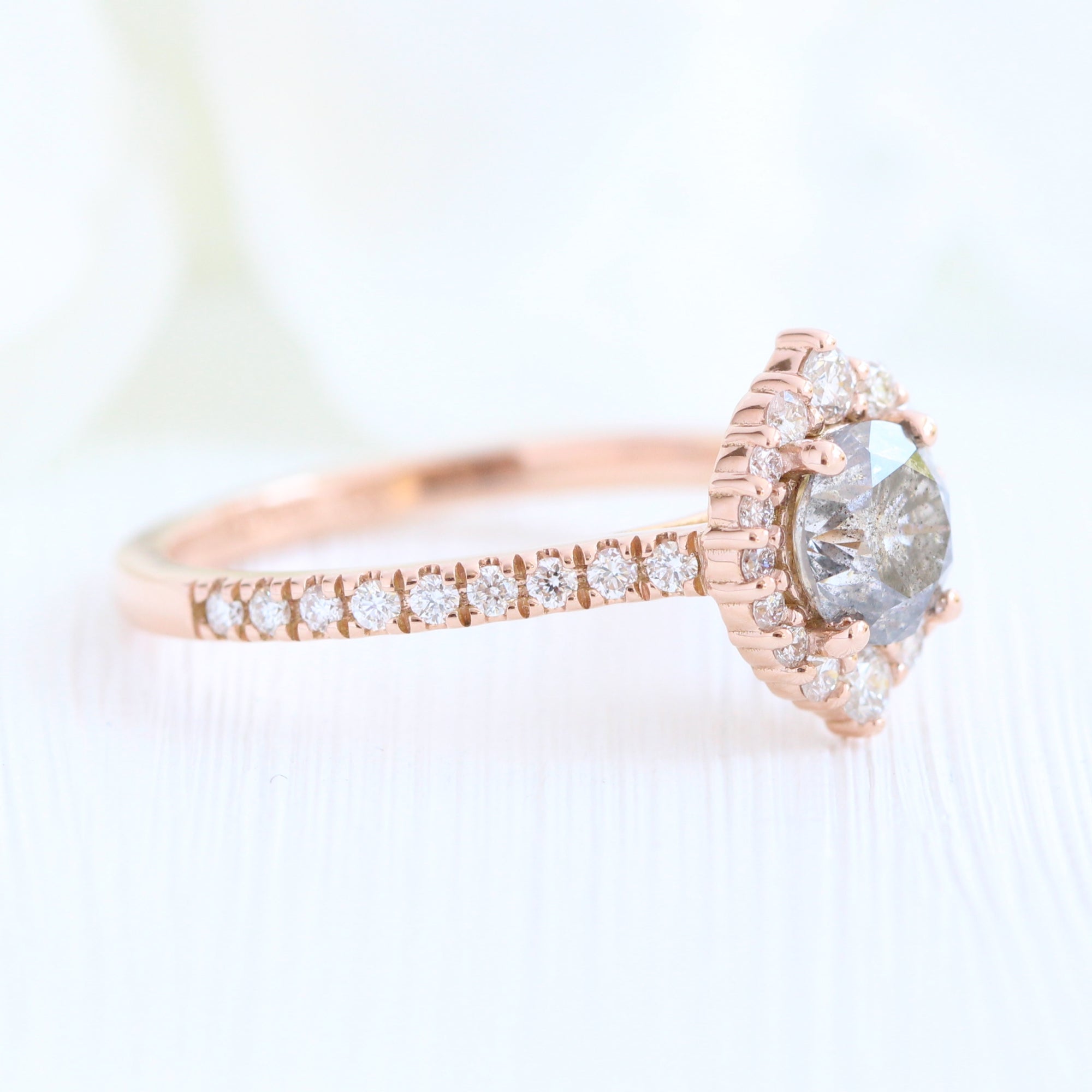 Salt and pepper diamond ring rose gold halo ring pave diamond band la more design jewelry