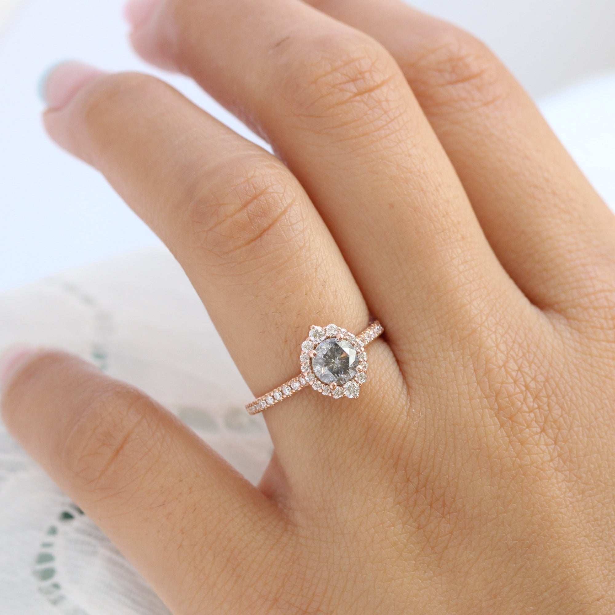 Salt and pepper diamond ring rose gold halo ring pave diamond band la more design jewelry