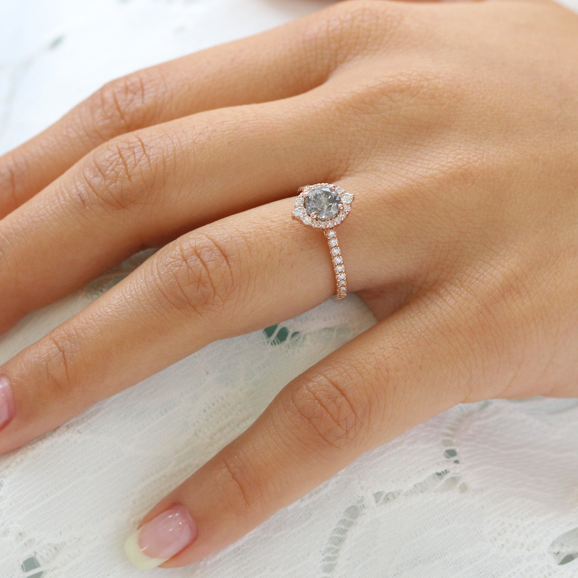 Salt and Pepper Diamond Engagement Ring Rose Gold Halo Pave Ring La