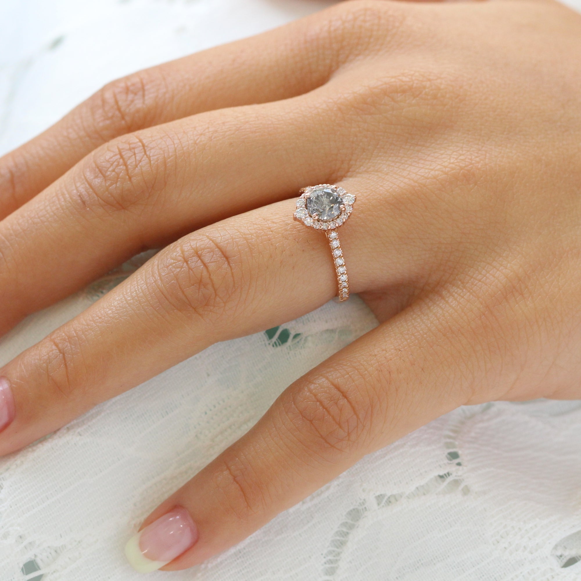 Salt and pepper diamond ring rose gold halo ring pave diamond band la more design jewelry