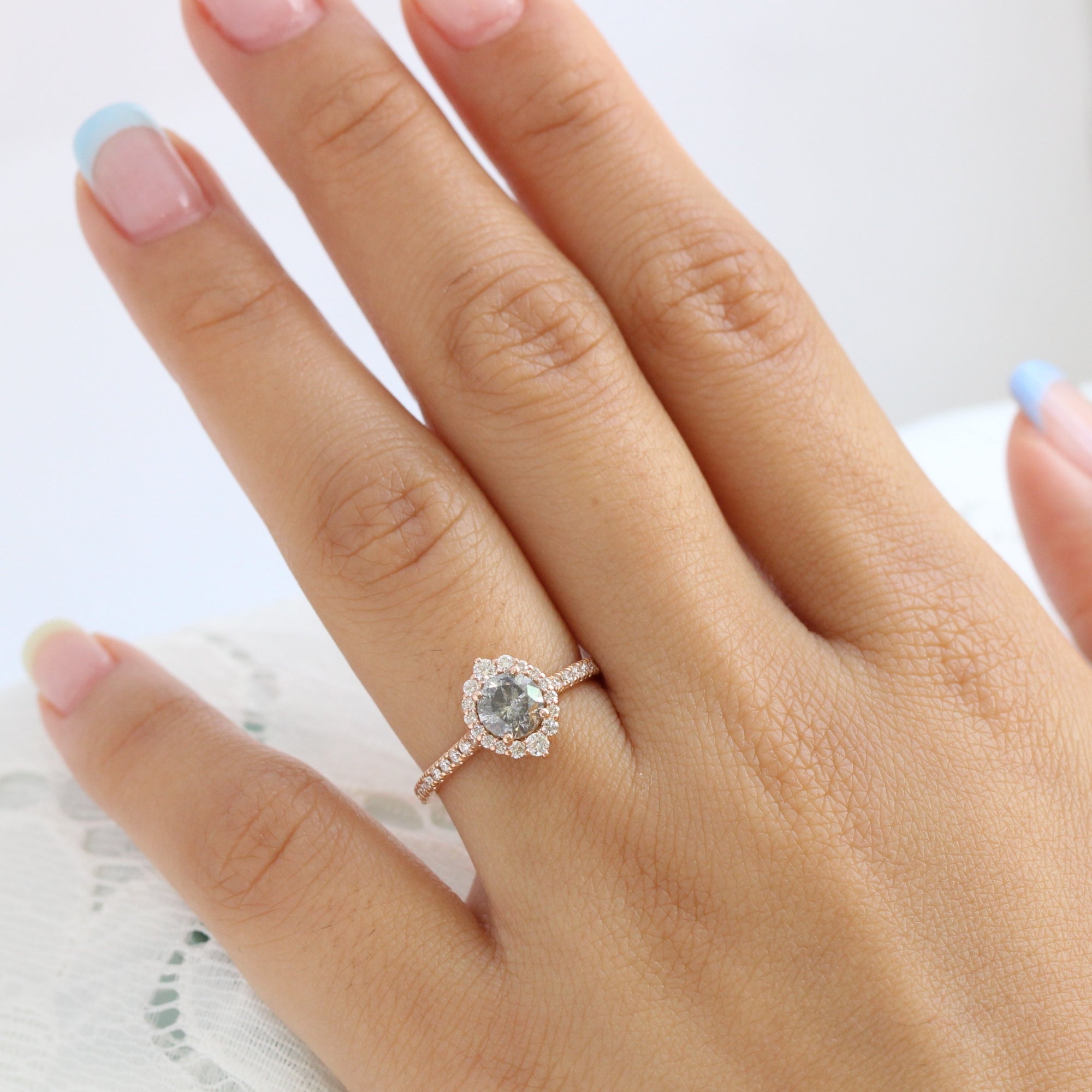Salt and pepper diamond ring rose gold halo ring pave diamond band la more design jewelry