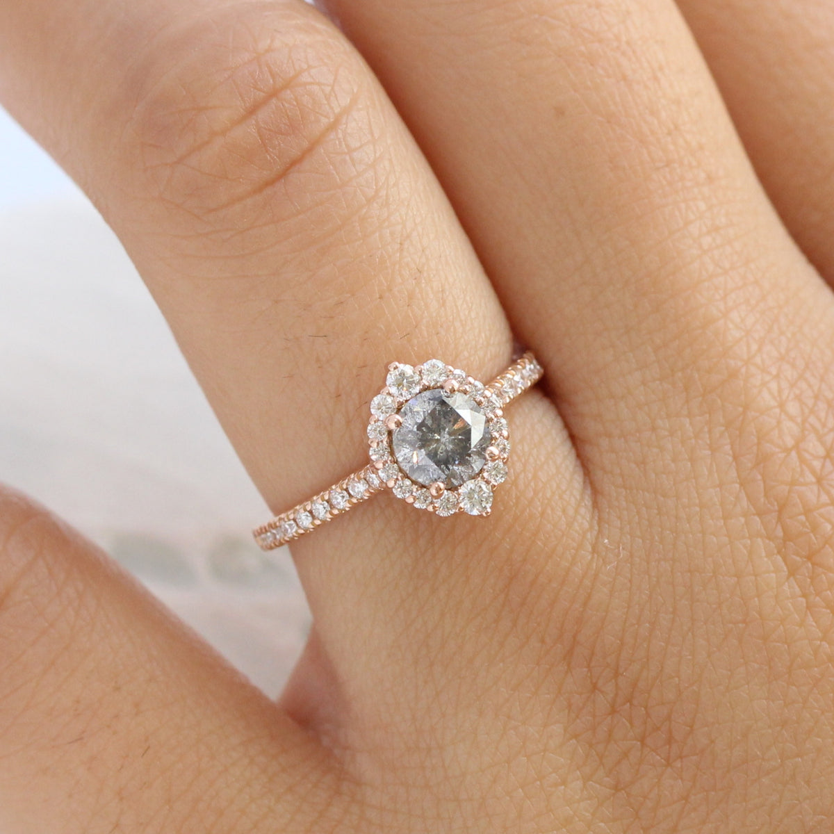 Salt and pepper diamond ring rose gold halo ring pave diamond band la more design jewelry