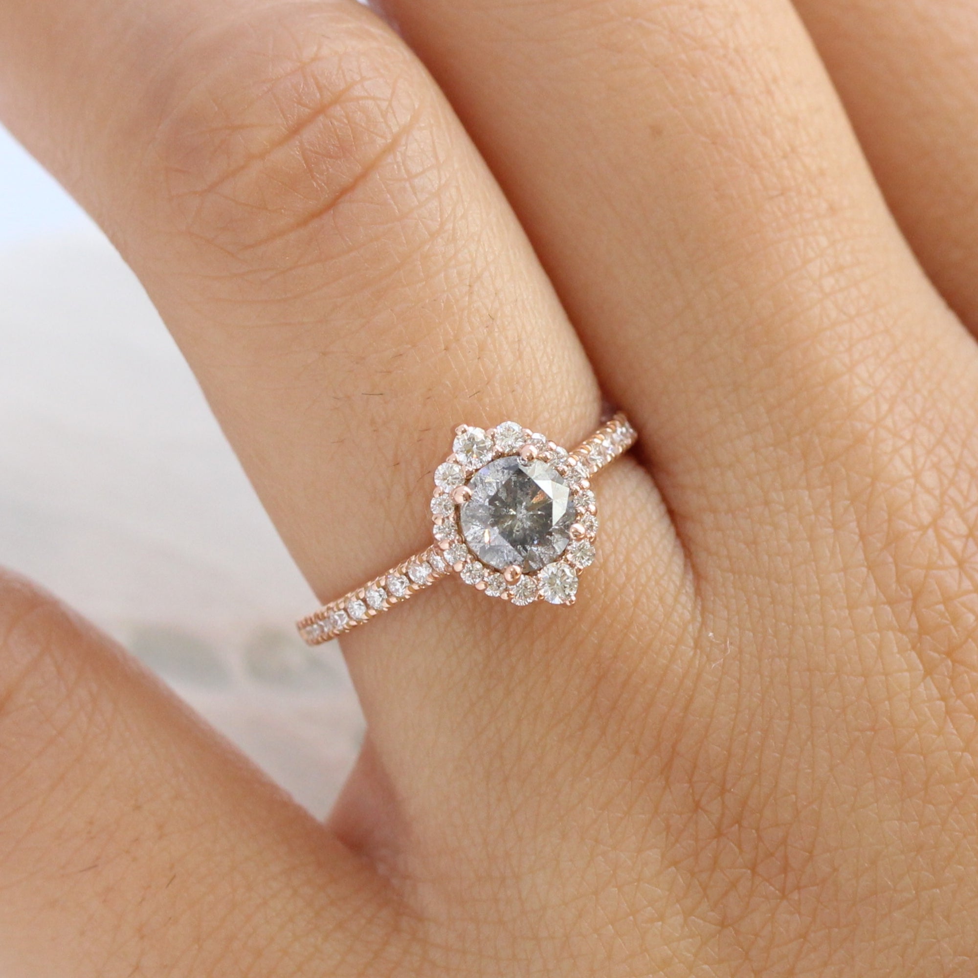 Salt and pepper diamond ring rose gold halo ring pave diamond band la more design jewelry