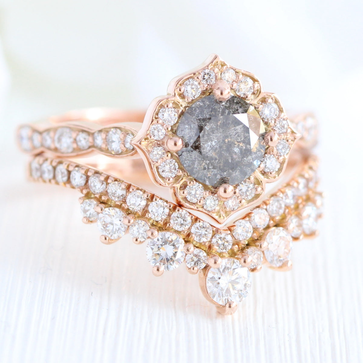 Salt and pepper diamond ring rose gold vintage floral ring bridal set la more design jewelry