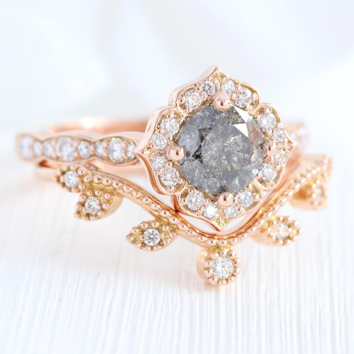 Salt and pepper diamond ring rose gold vintage floral ring bridal set la more design jewelry