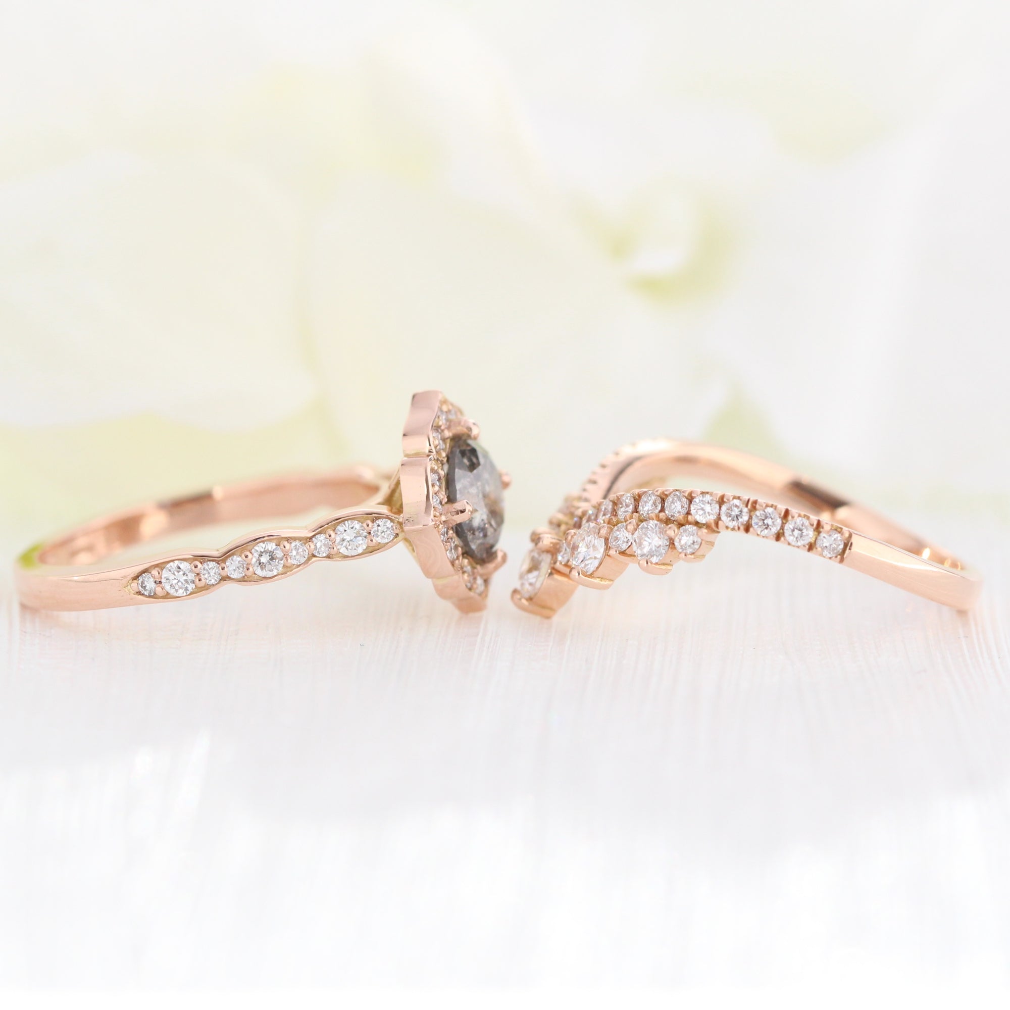 Salt and pepper diamond ring rose gold vintage floral ring bridal set la more design jewelry