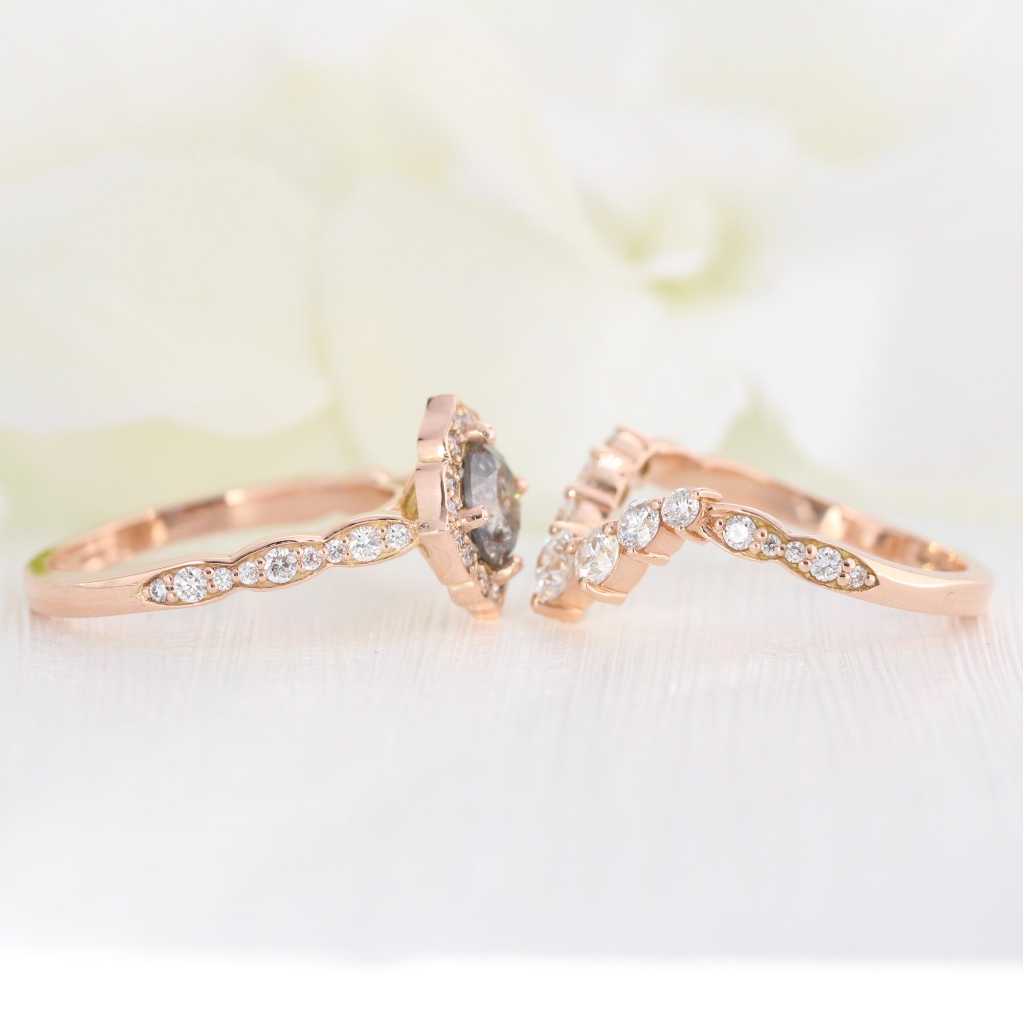 Salt and pepper diamond ring rose gold vintage floral ring bridal set la more design jewelry