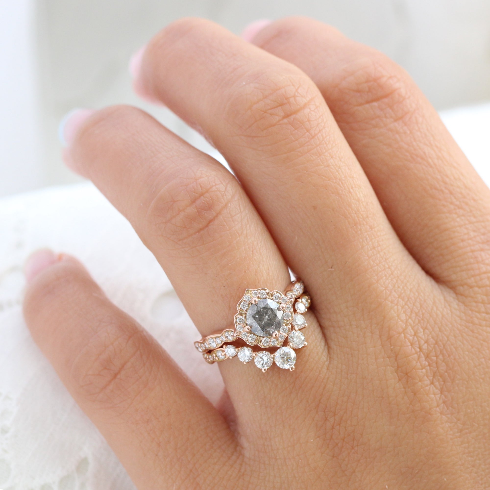 Salt and pepper diamond ring rose gold vintage floral ring bridal set la more design jewelry