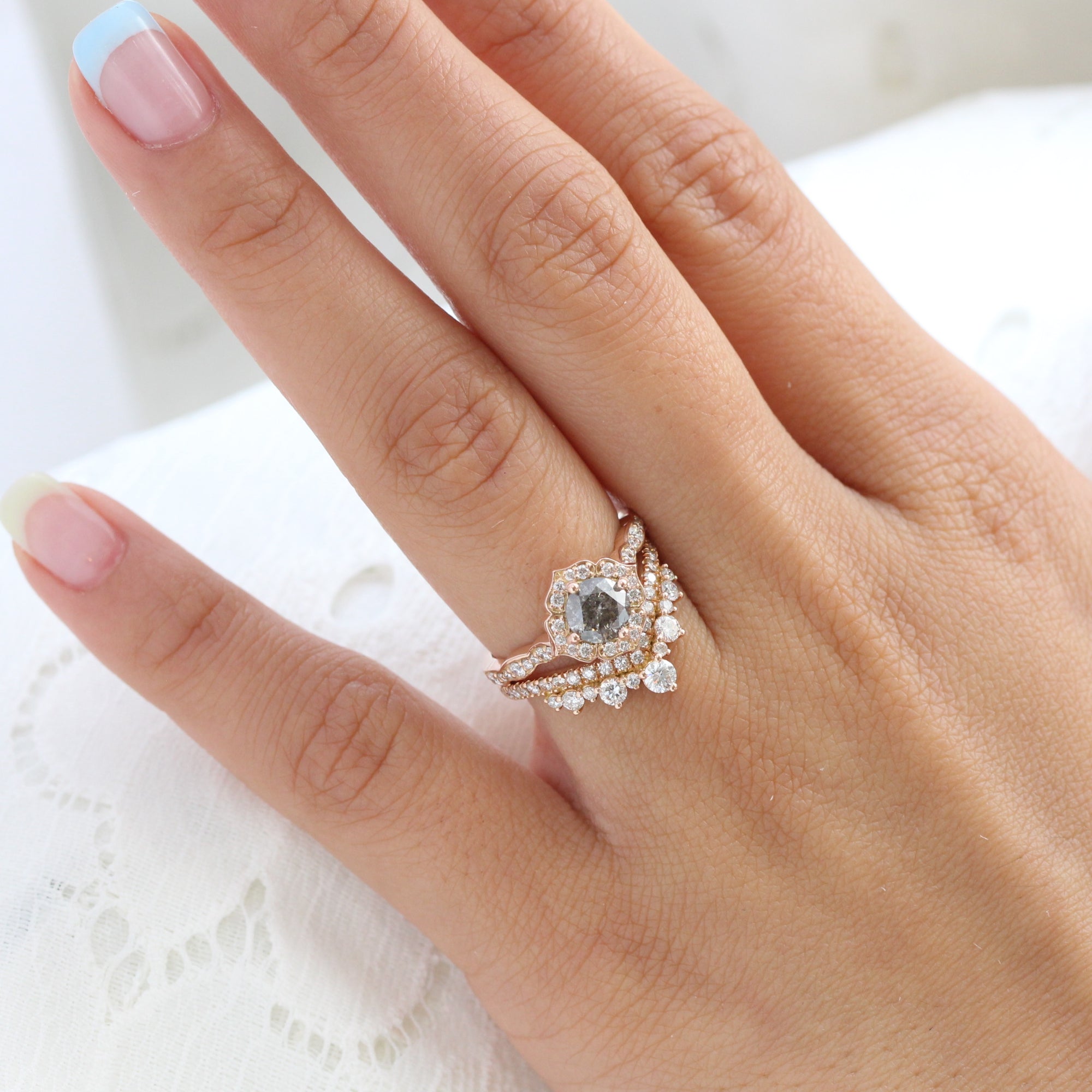 Salt and pepper diamond ring rose gold vintage floral ring bridal set la more design jewelry