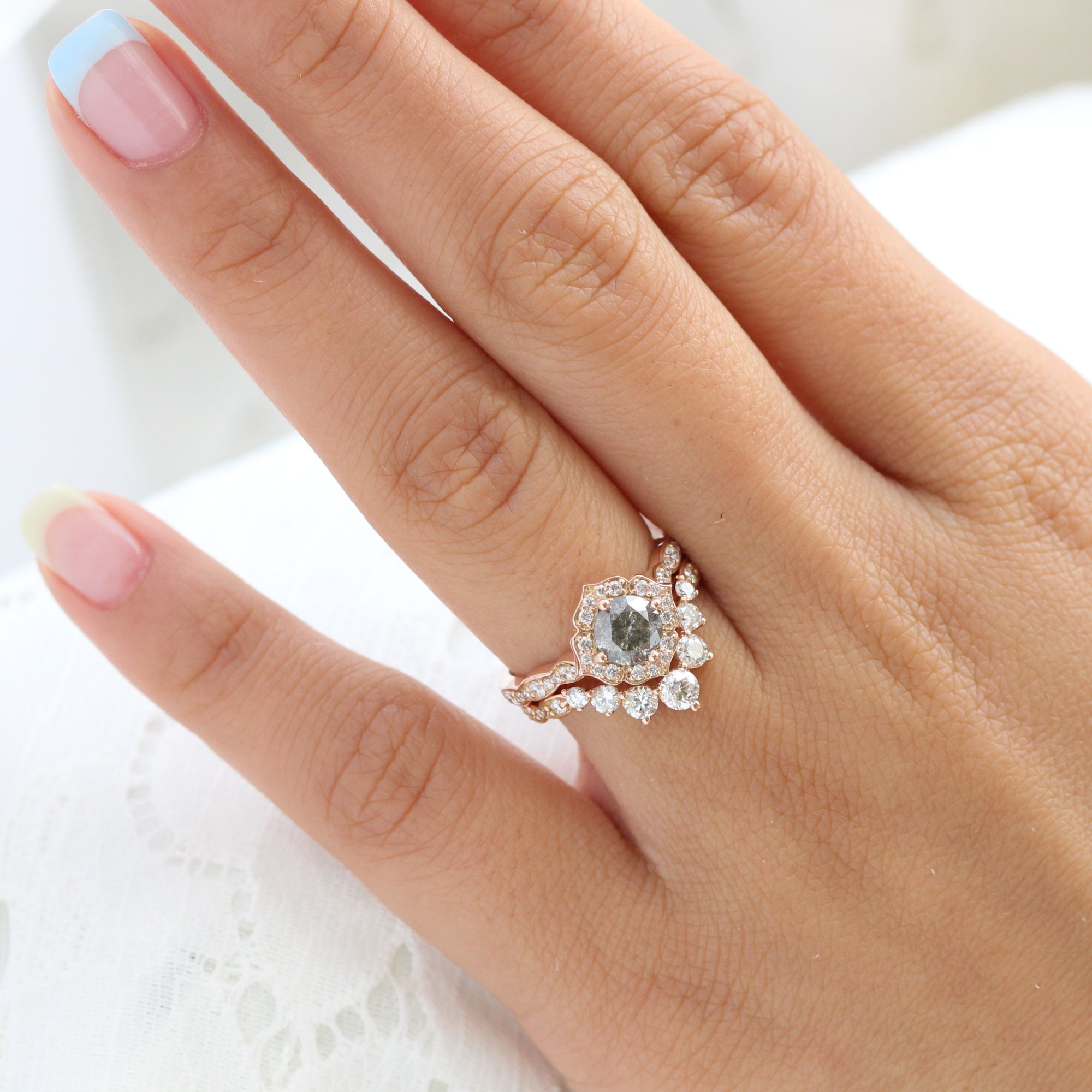 Salt and pepper diamond ring rose gold vintage floral ring bridal set la more design jewelry