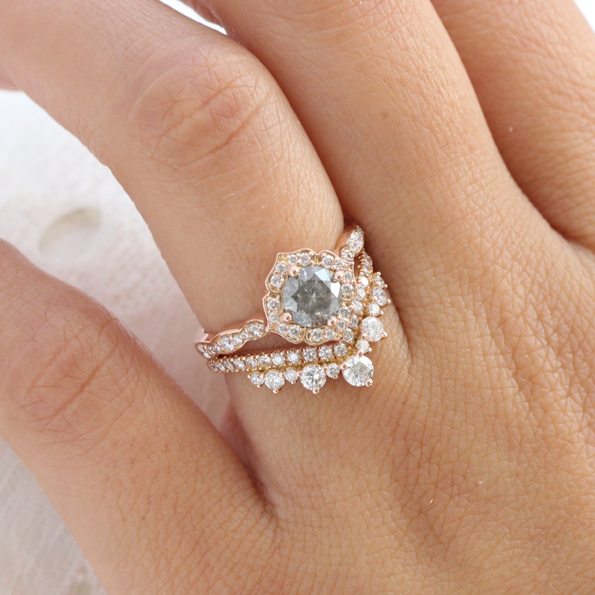 Salt and pepper diamond ring rose gold vintage floral ring bridal set la more design jewelry