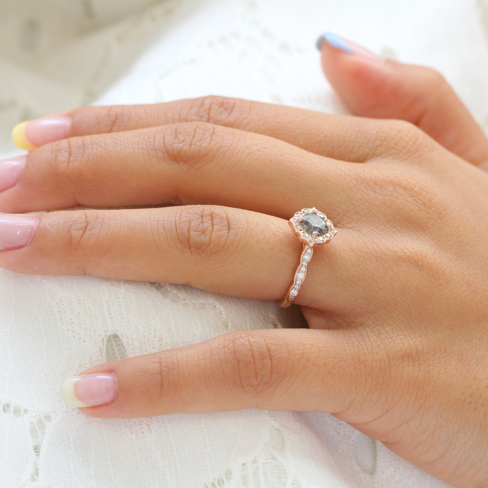 Salt and pepper grey diamond engagement ring in rose gold vintage floral diamond band by la more design jewelry