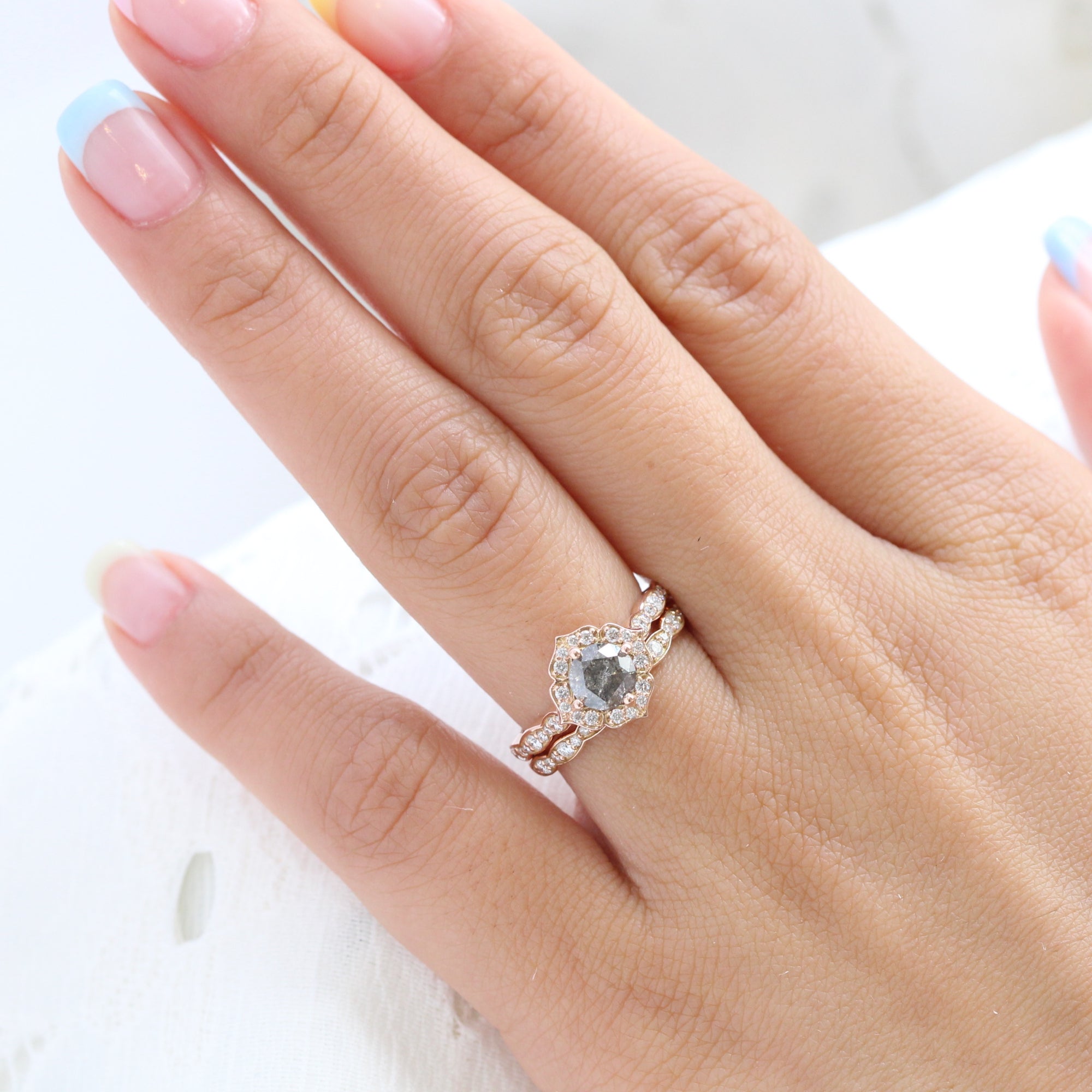 Salt and pepper grey diamond engagement ring rose gold and matching diamond wedding band bridal set by la more design jewelry
