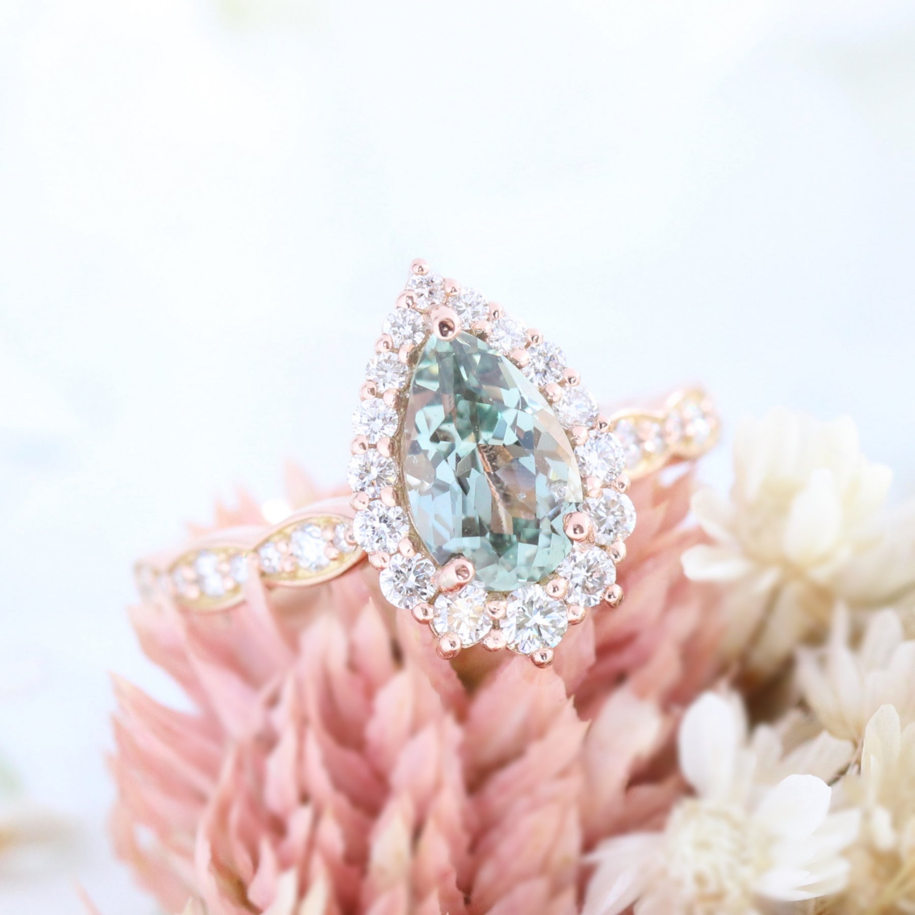 Sea Foam Green Sapphire Ring Rose Gold Halo Diamond Engagement Ring La More Design Jewelry