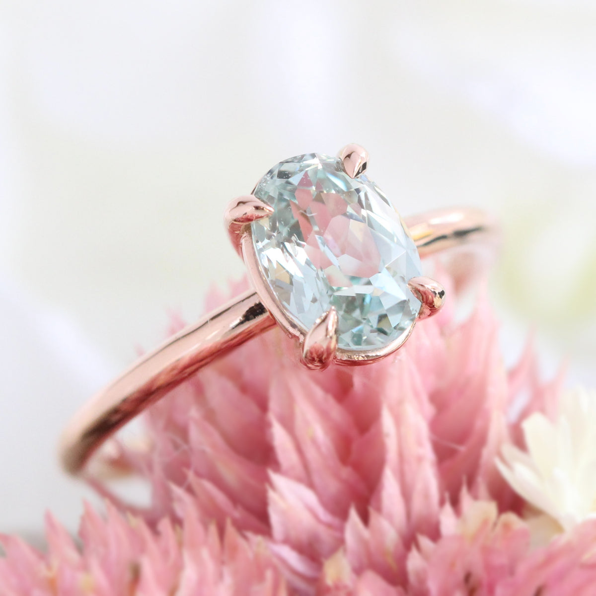 Sea foam green sapphire engagement ring rose gold low profile solitaire ring la more design jewelry