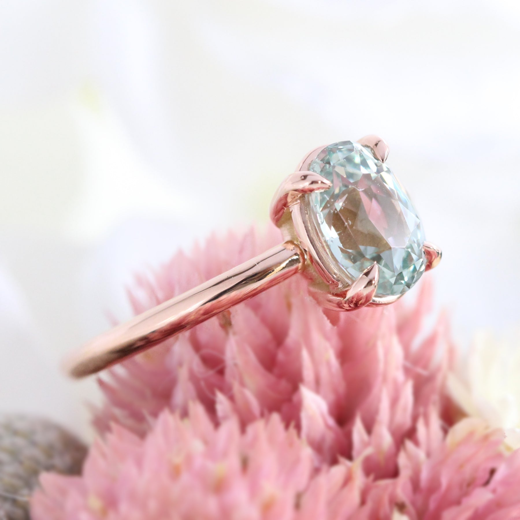 Sea foam green sapphire engagement ring rose gold low profile solitaire ring la more design jewelry