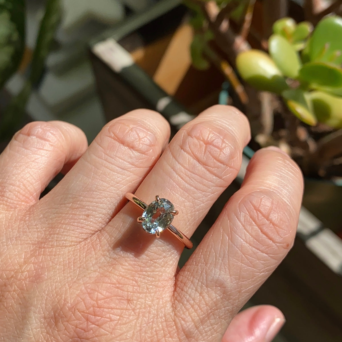 Sea foam green sapphire engagement ring rose gold low profile solitaire ring la more design jewelry