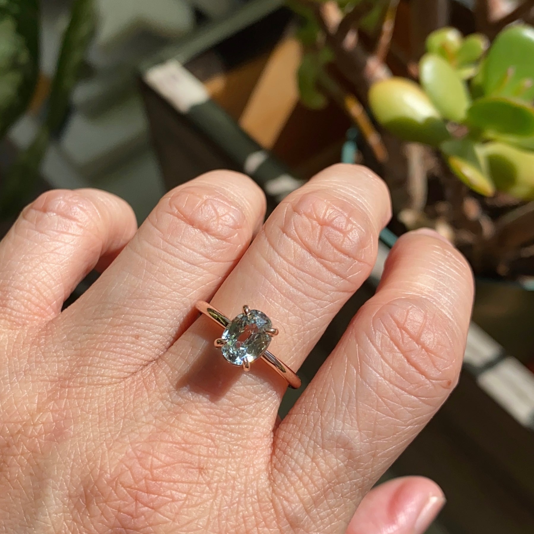 Sea foam green sapphire engagement ring rose gold low profile solitaire ring la more design jewelry