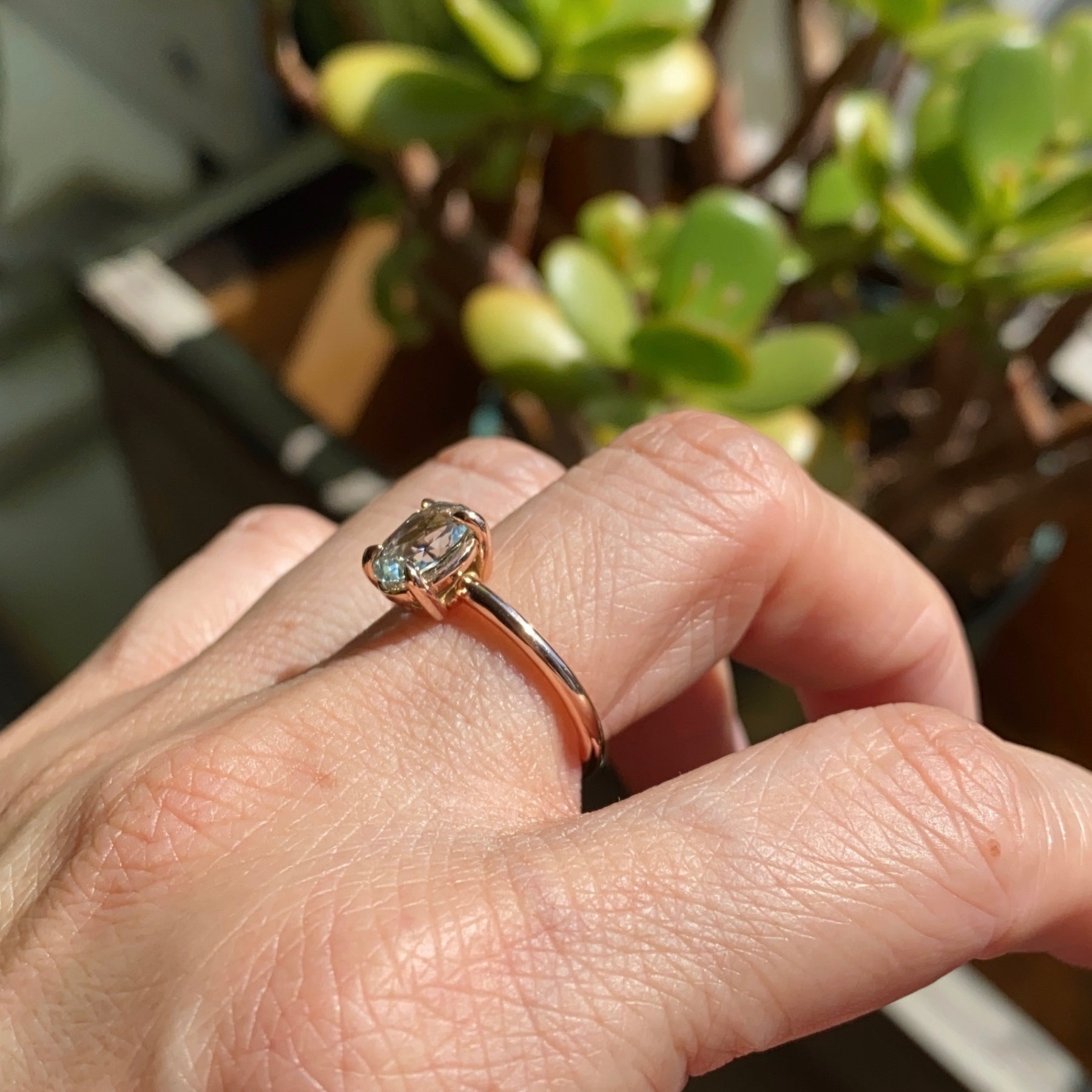 Sea foam green sapphire engagement ring rose gold low profile solitaire ring la more design jewelry