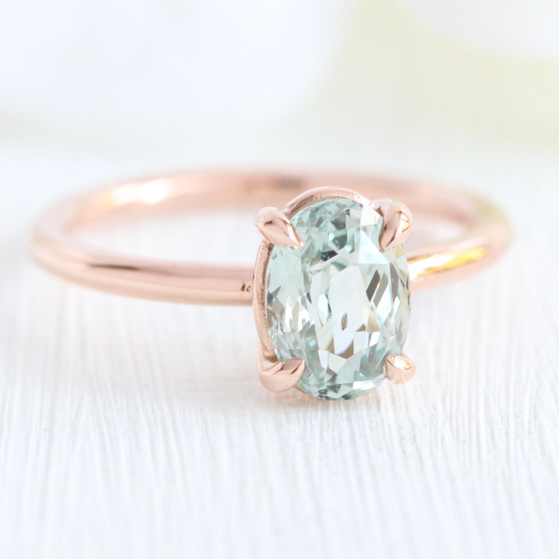 Sea foam green sapphire engagement ring rose gold low profile solitaire ring la more design jewelry