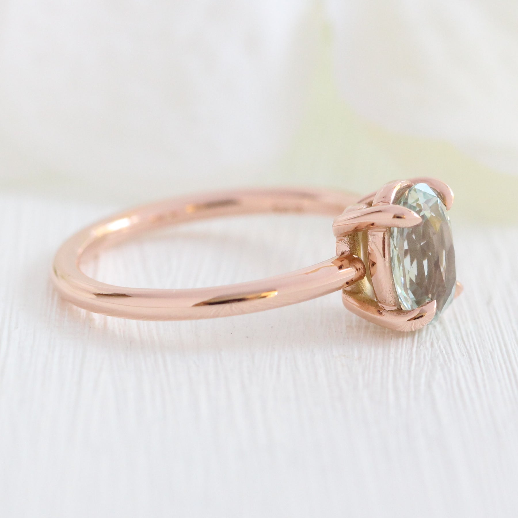 Sea foam green sapphire engagement ring rose gold low profile solitaire ring la more design jewelry