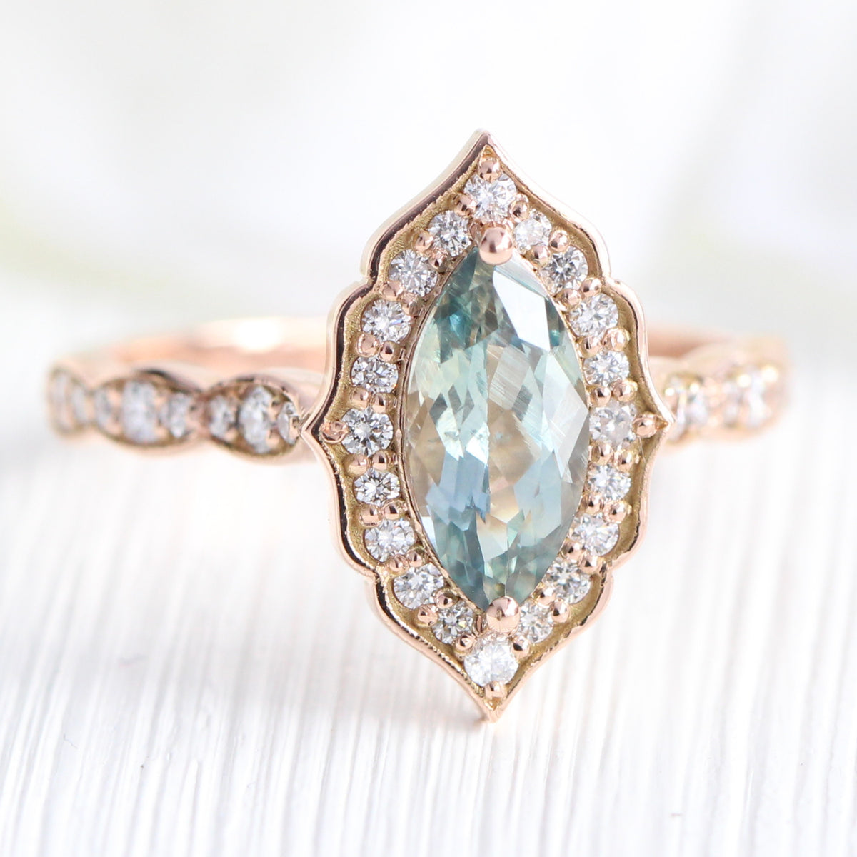 Sea foam green sapphire ring rose gold marquise engagement ring la more design jewelry