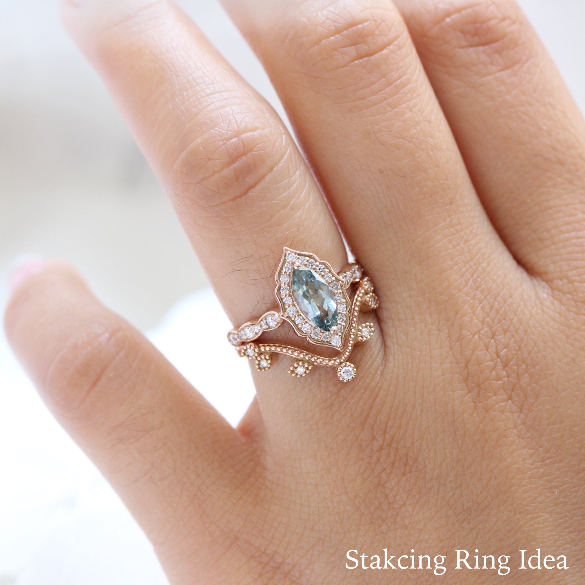 Sea foam green sapphire ring rose gold marquise engagement ring la more design jewelry
