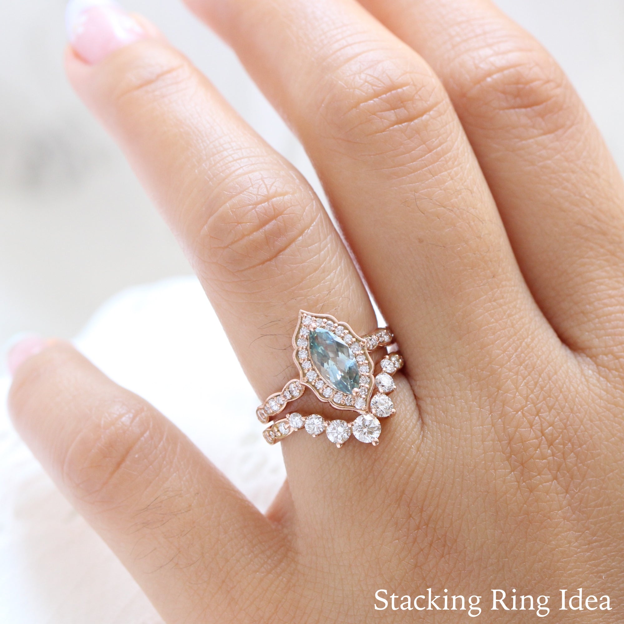Sea foam green sapphire ring rose gold marquise engagement ring la more design jewelry