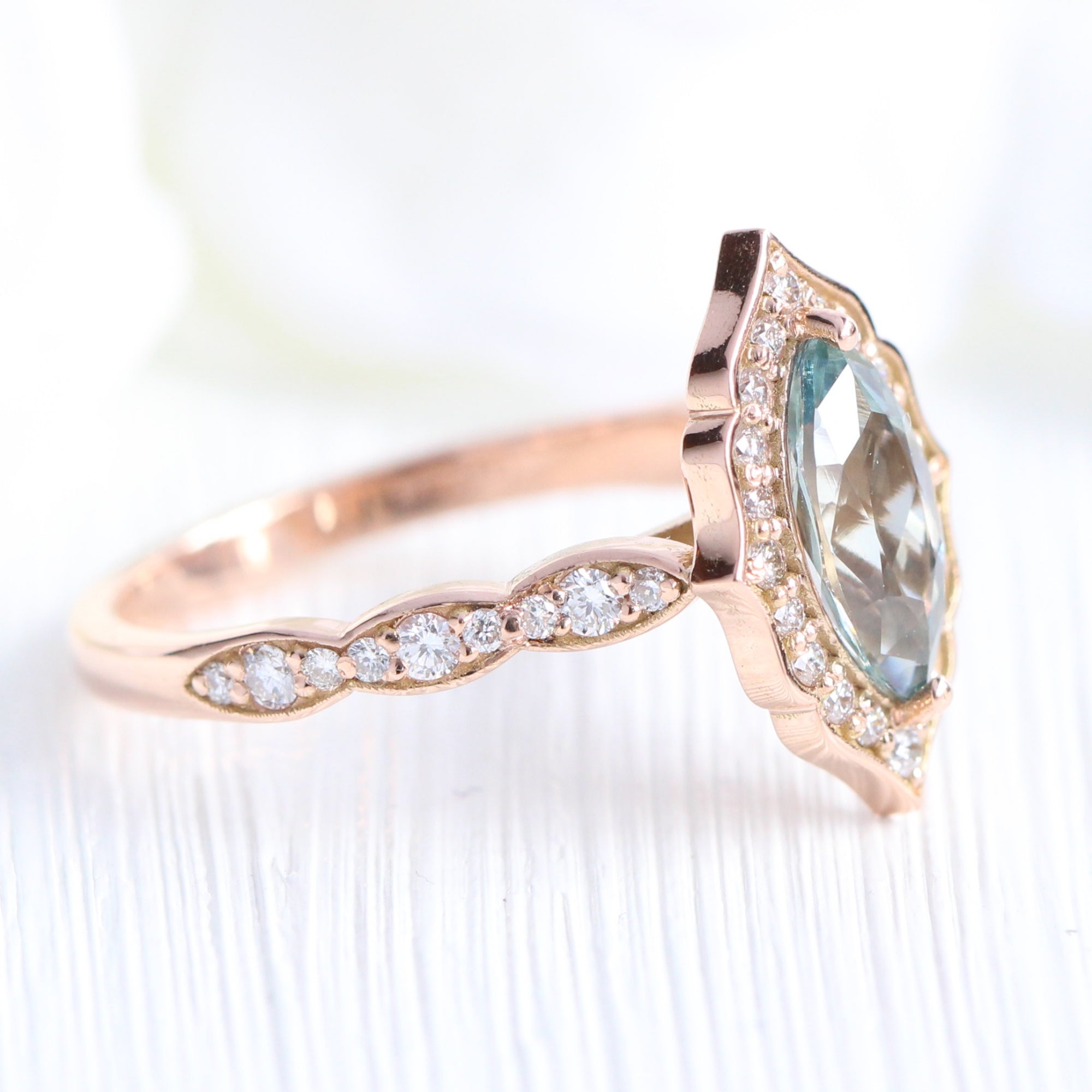 Sea foam green sapphire ring rose gold marquise engagement ring la more design jewelry
