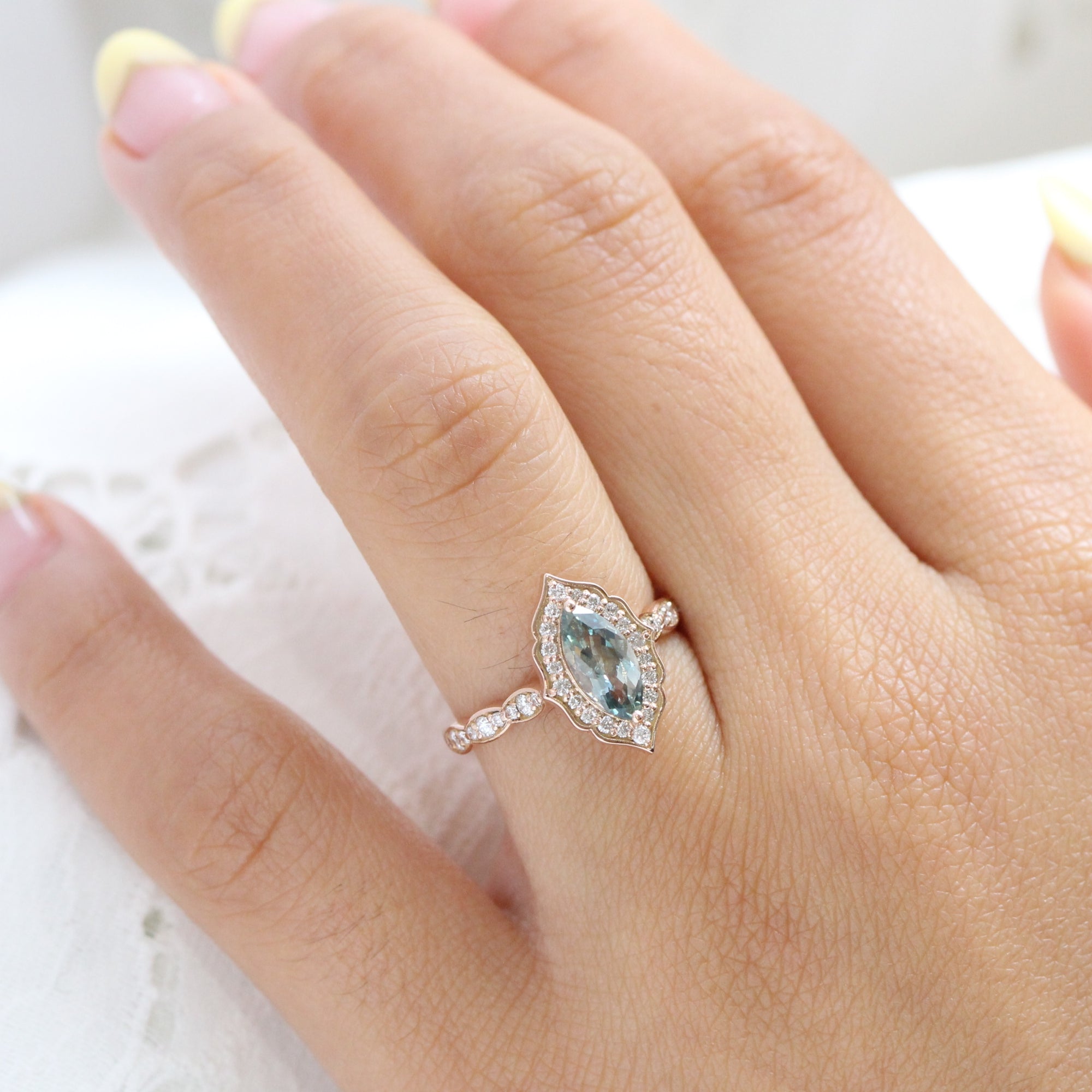Sea foam green sapphire ring rose gold marquise engagement ring la more design jewelry