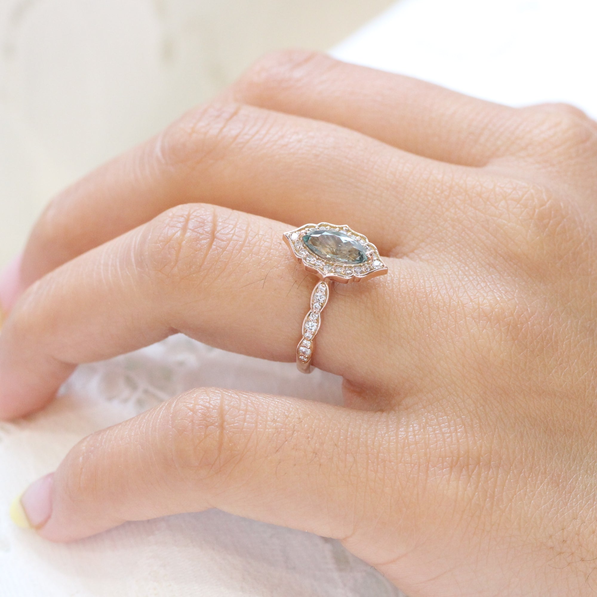 Sea foam green sapphire ring rose gold marquise engagement ring la more design jewelry