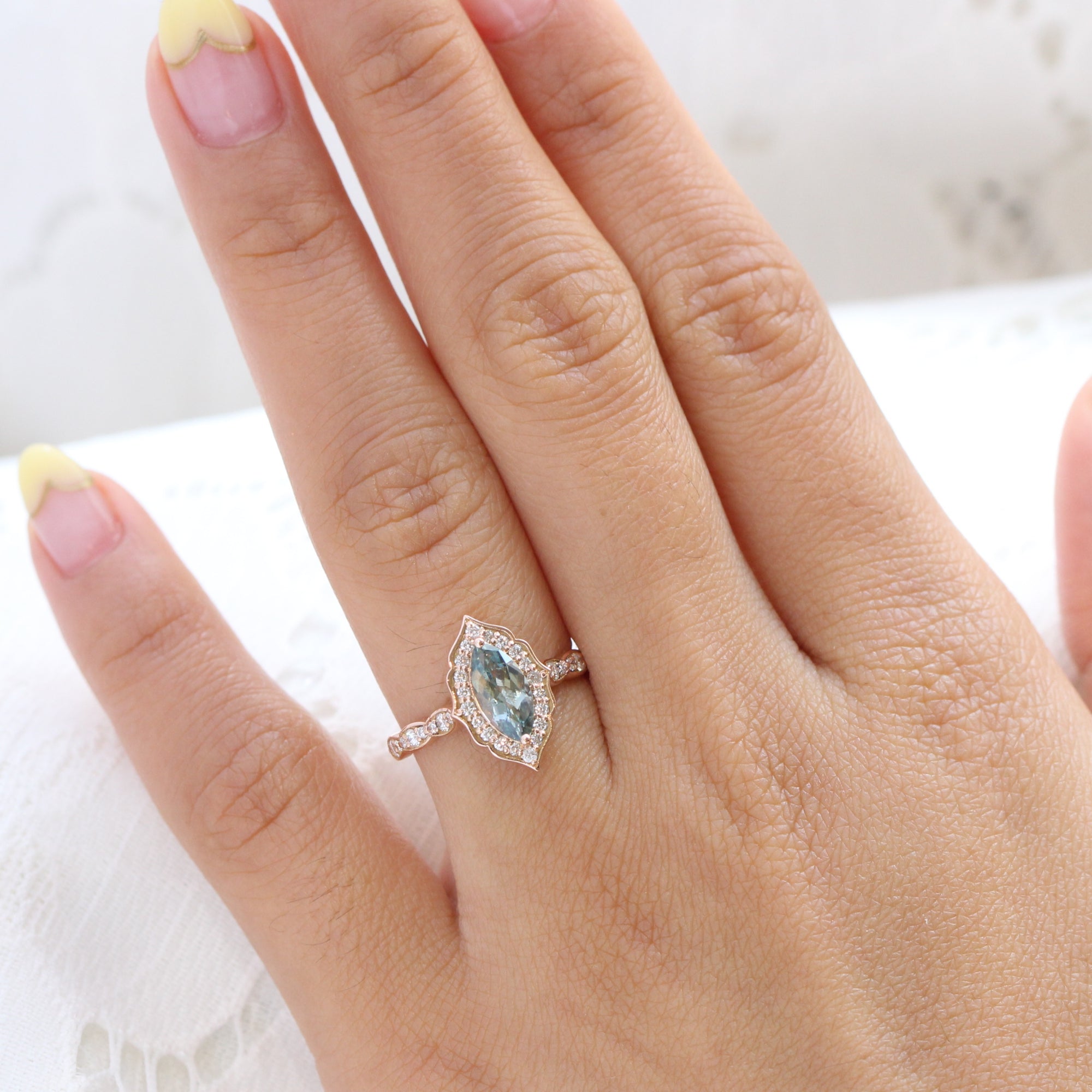 Sea foam green sapphire ring rose gold marquise engagement ring la more design jewelry