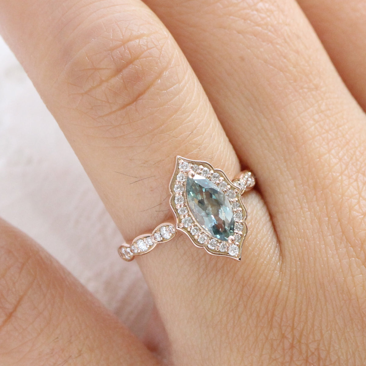 Sea foam green sapphire ring rose gold marquise engagement ring la more design jewelry