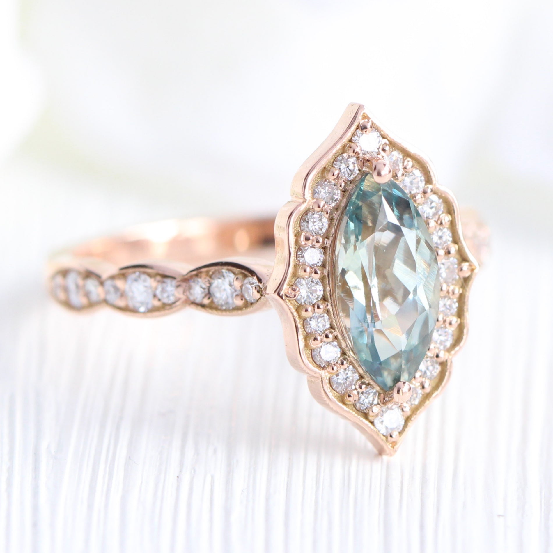 Sea foam green sapphire ring rose gold marquise engagement ring la more design jewelry