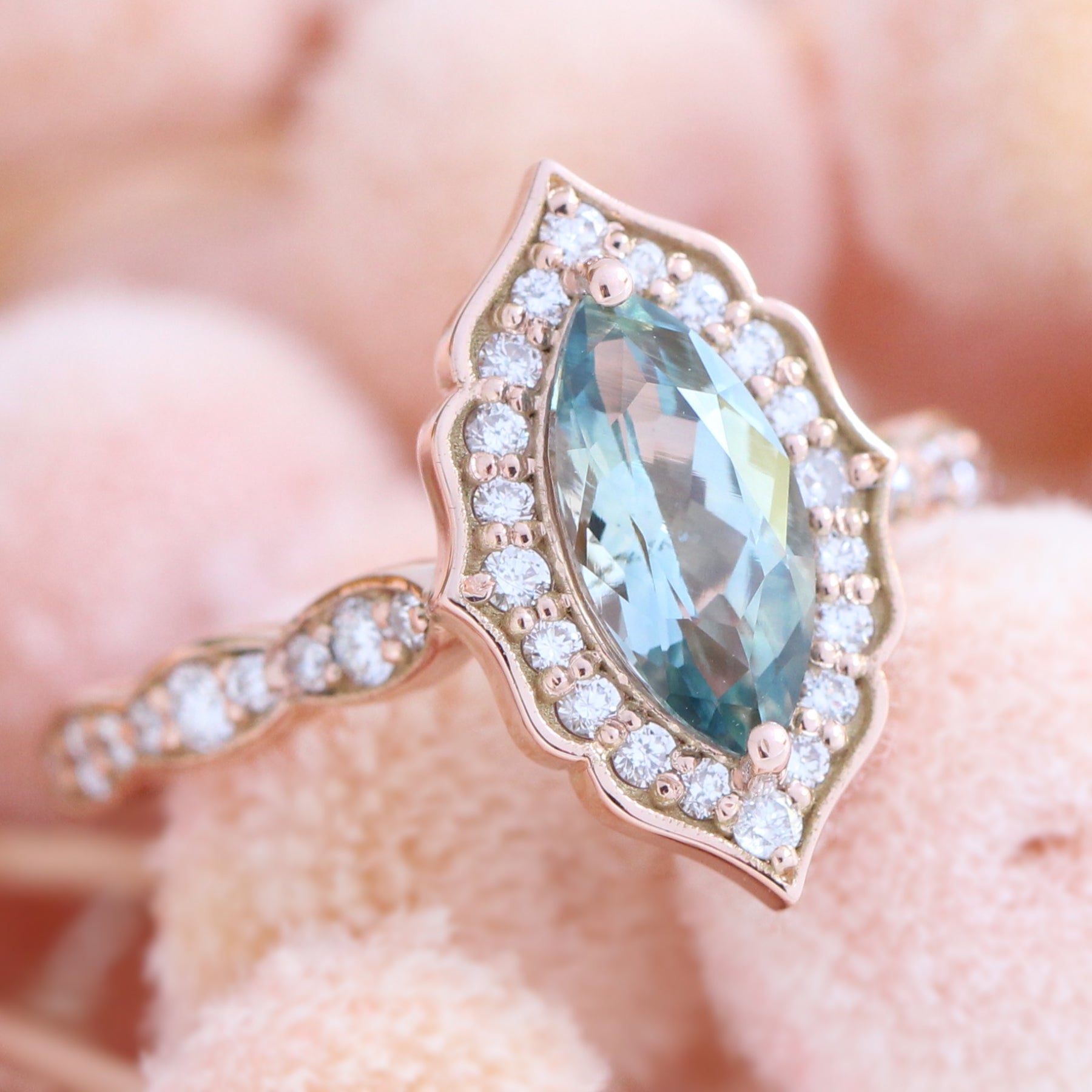 Sea foam green sapphire ring rose gold marquise engagement ring la more design jewelry
