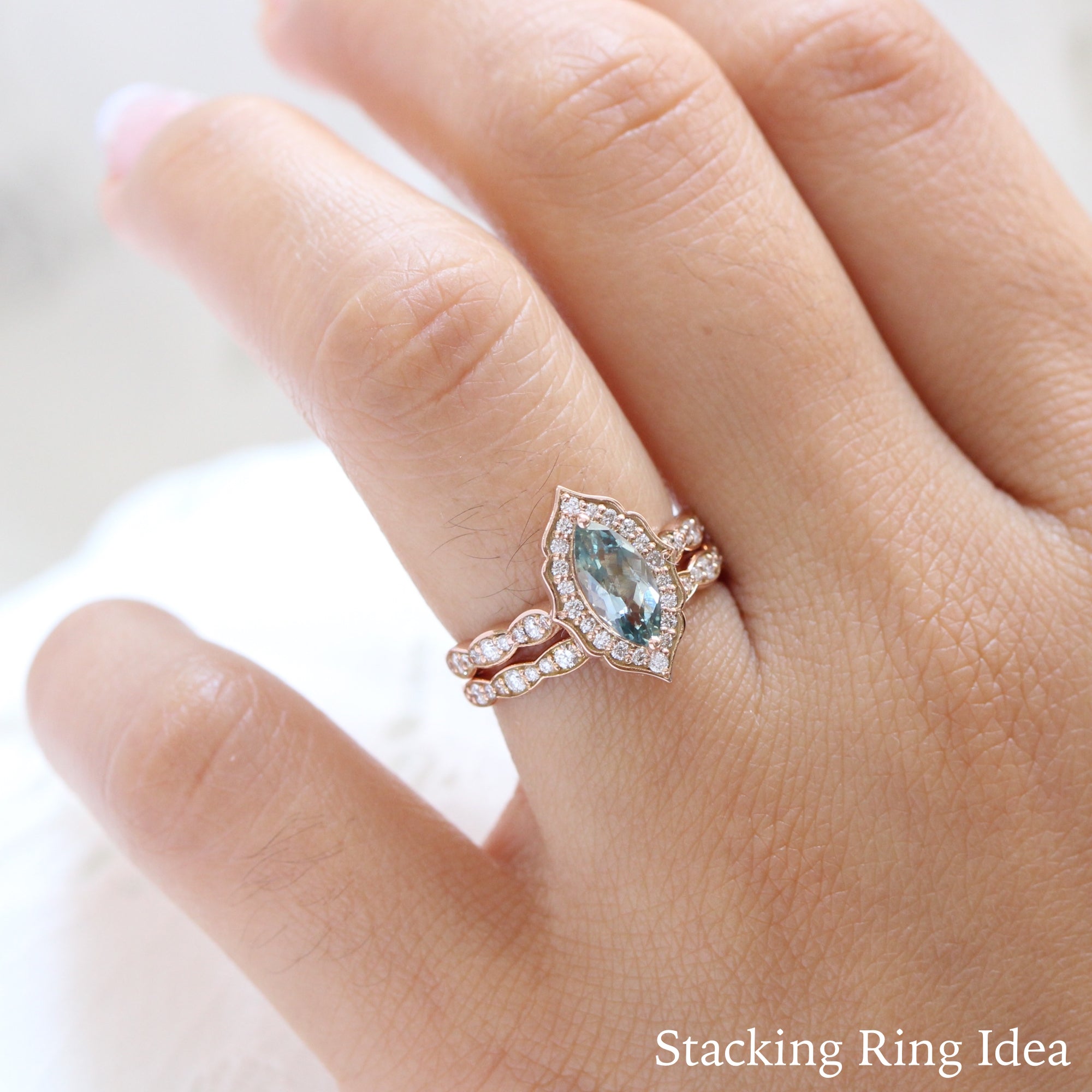 Sea foam green sapphire ring rose gold marquise engagement ring la more design jewelry
