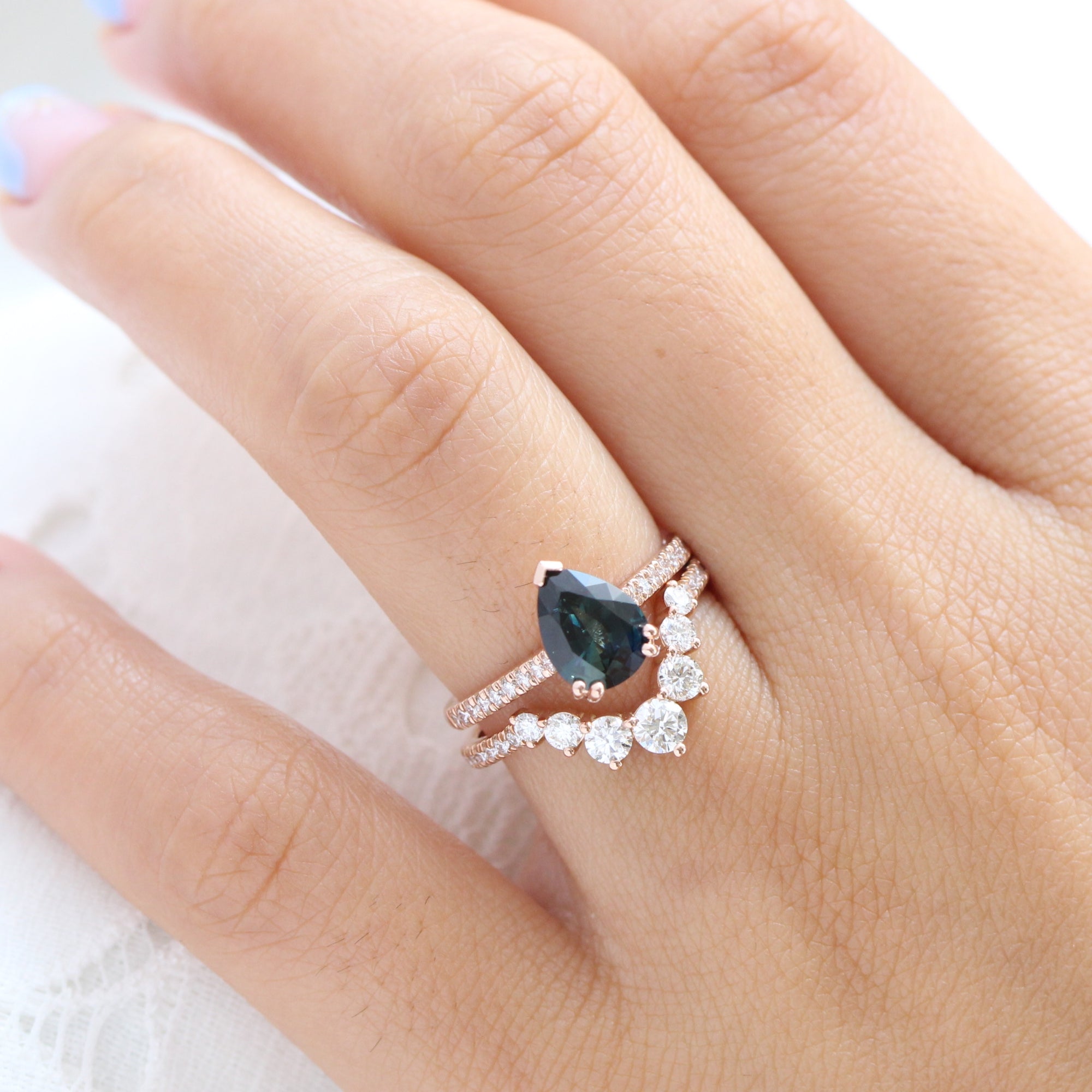 Solitaire pear teal green sapphire ring rose gold pave diamond band la more design jewelry