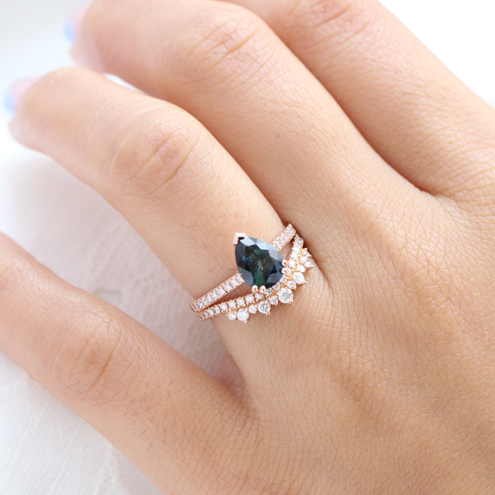 Solitaire pear teal green sapphire ring rose gold pave diamond band la more design jewelry