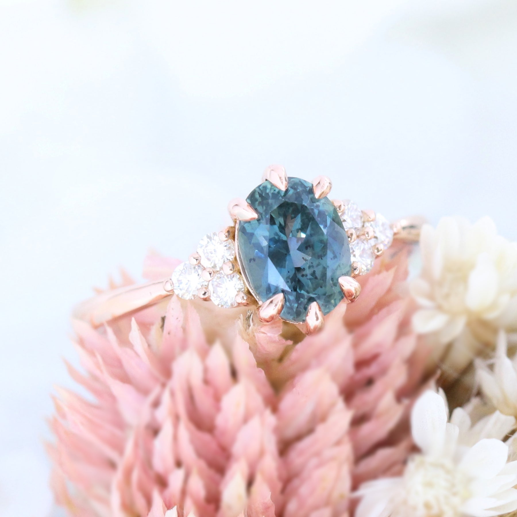 Teal Sapphire Ring Rose Gold 3 Stone Diamond Engagement Ring La More Design Jewelry