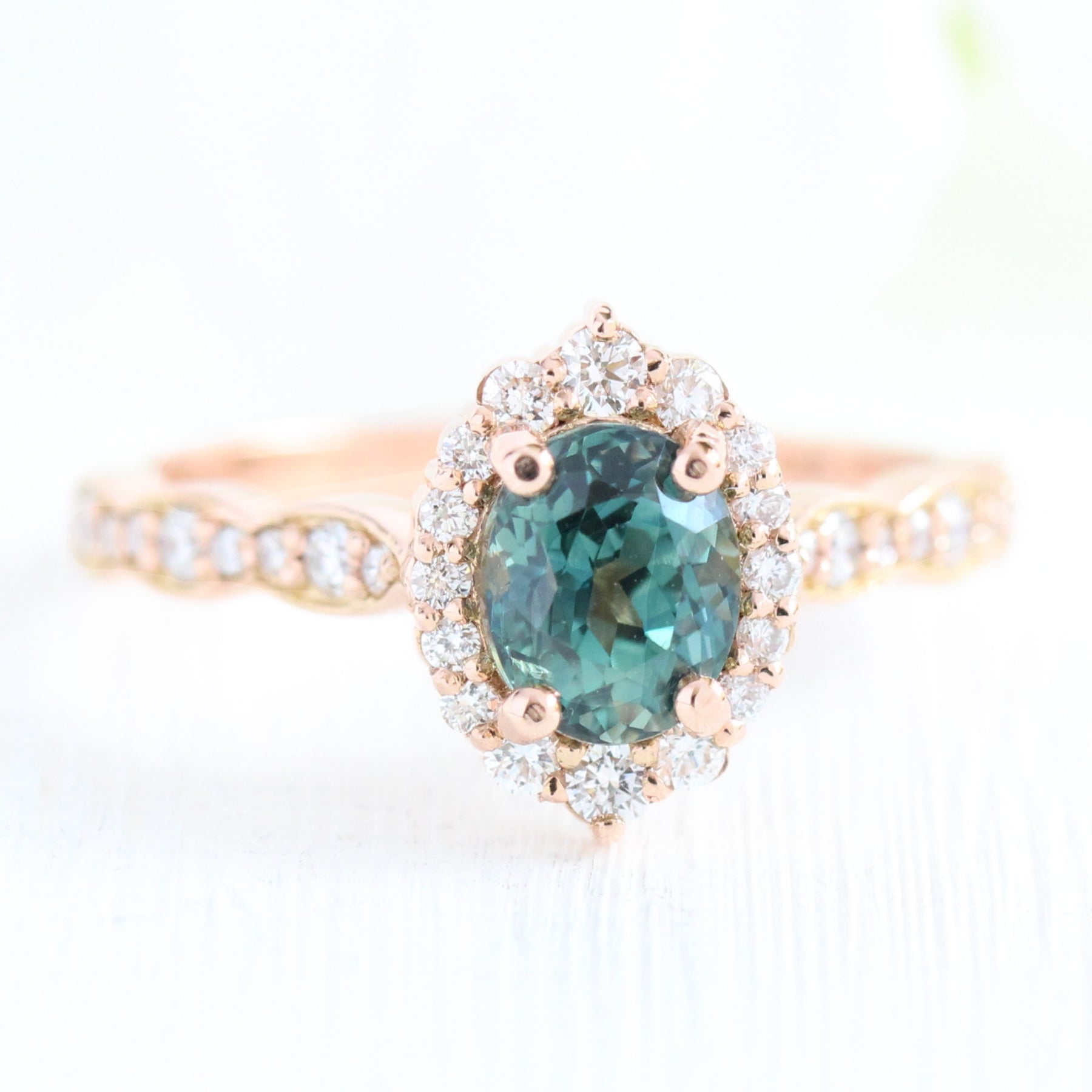 Teal Sapphire Ring Rose Gold Tiara Halo Diamond Engagement Ring La More Design Jewelry