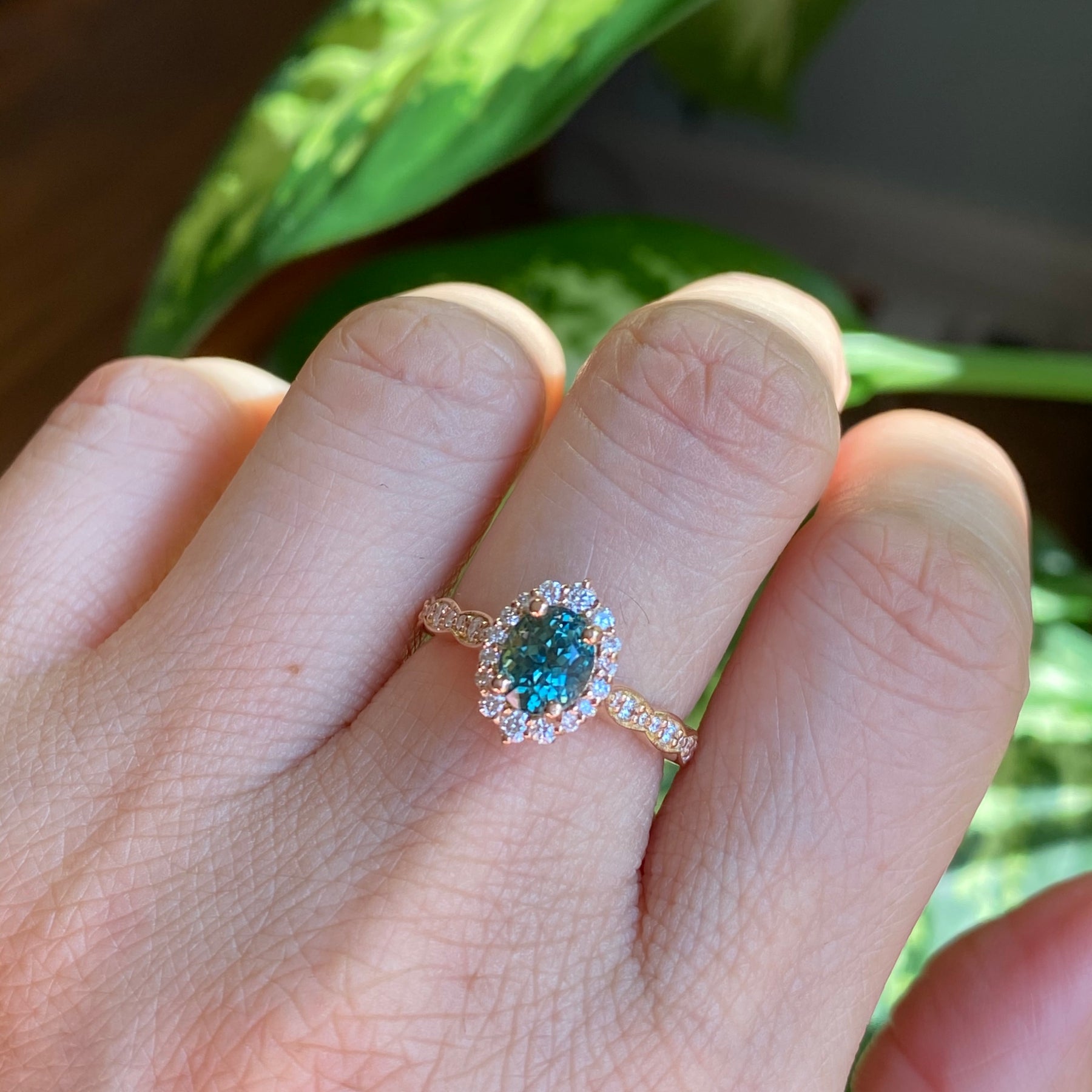 Teal Sapphire Ring Rose Gold Tiara Halo Diamond Engagement Ring La More Design Jewelry