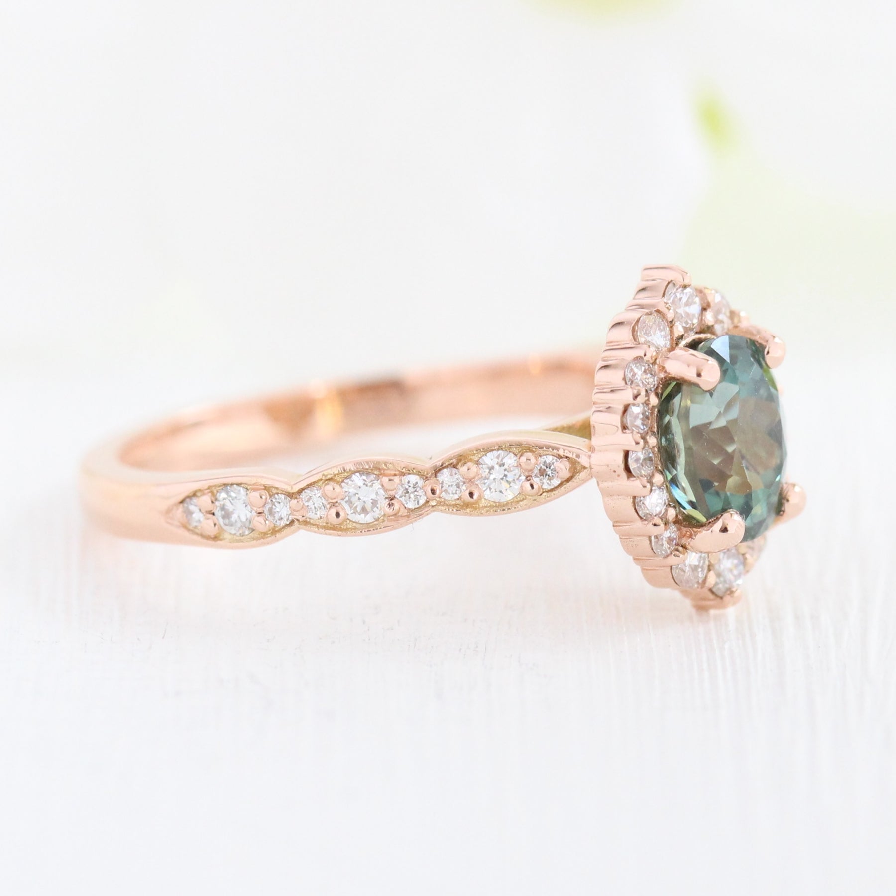 Teal Sapphire Ring Rose Gold Tiara Halo Diamond Engagement Ring La More Design Jewelry