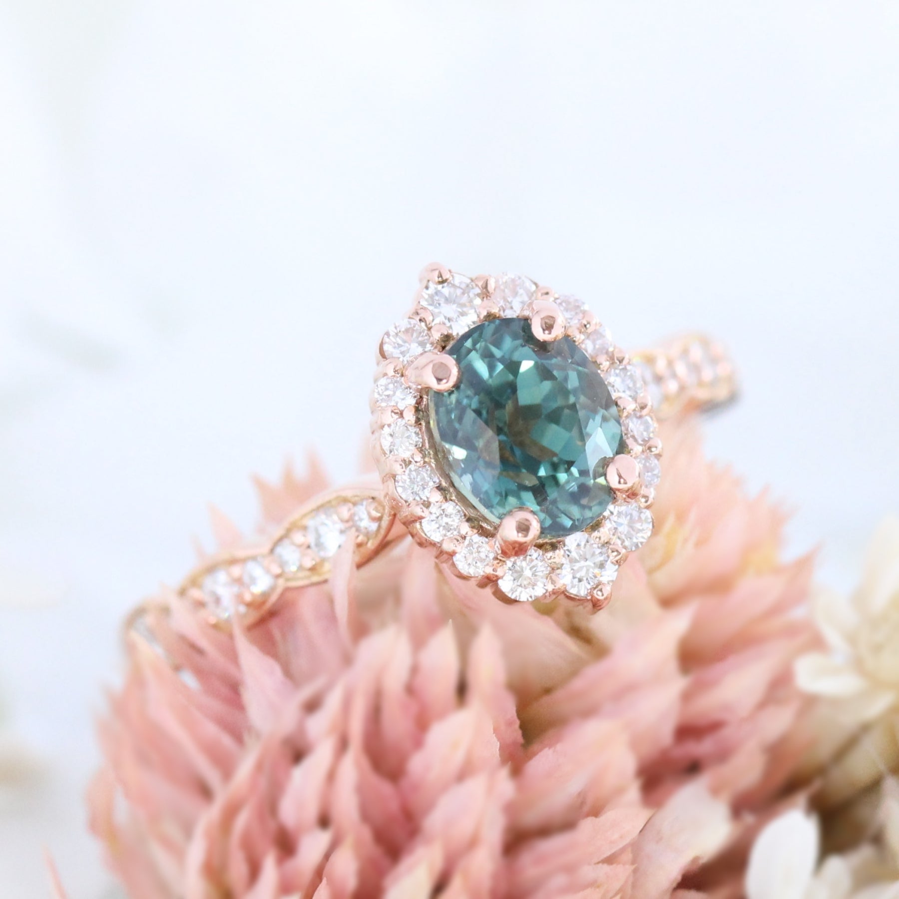 Teal Sapphire Ring Rose Gold Tiara Halo Diamond Engagement Ring La More Design Jewelry