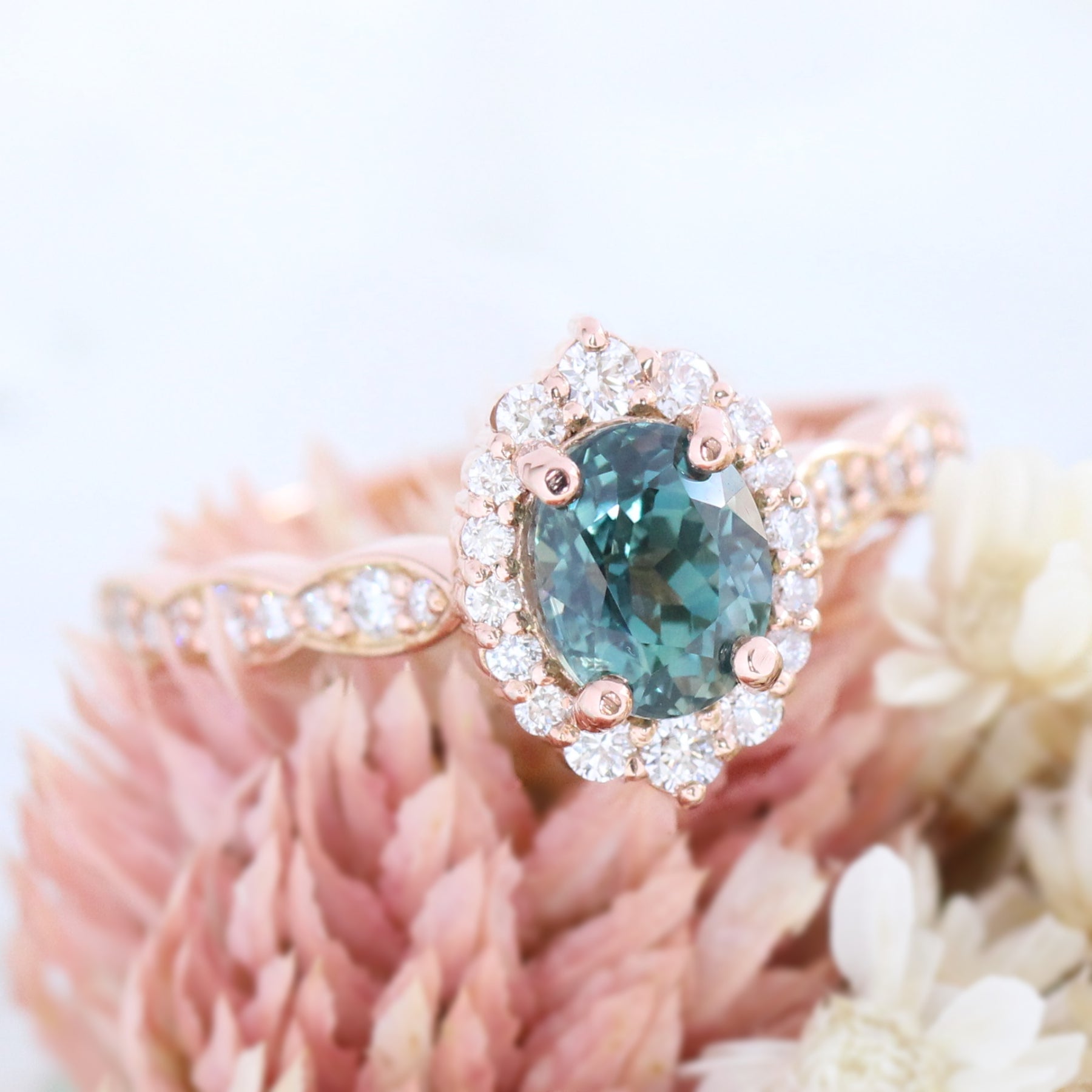 Teal Sapphire Ring Rose Gold Tiara Halo Diamond Engagement Ring La More Design Jewelry