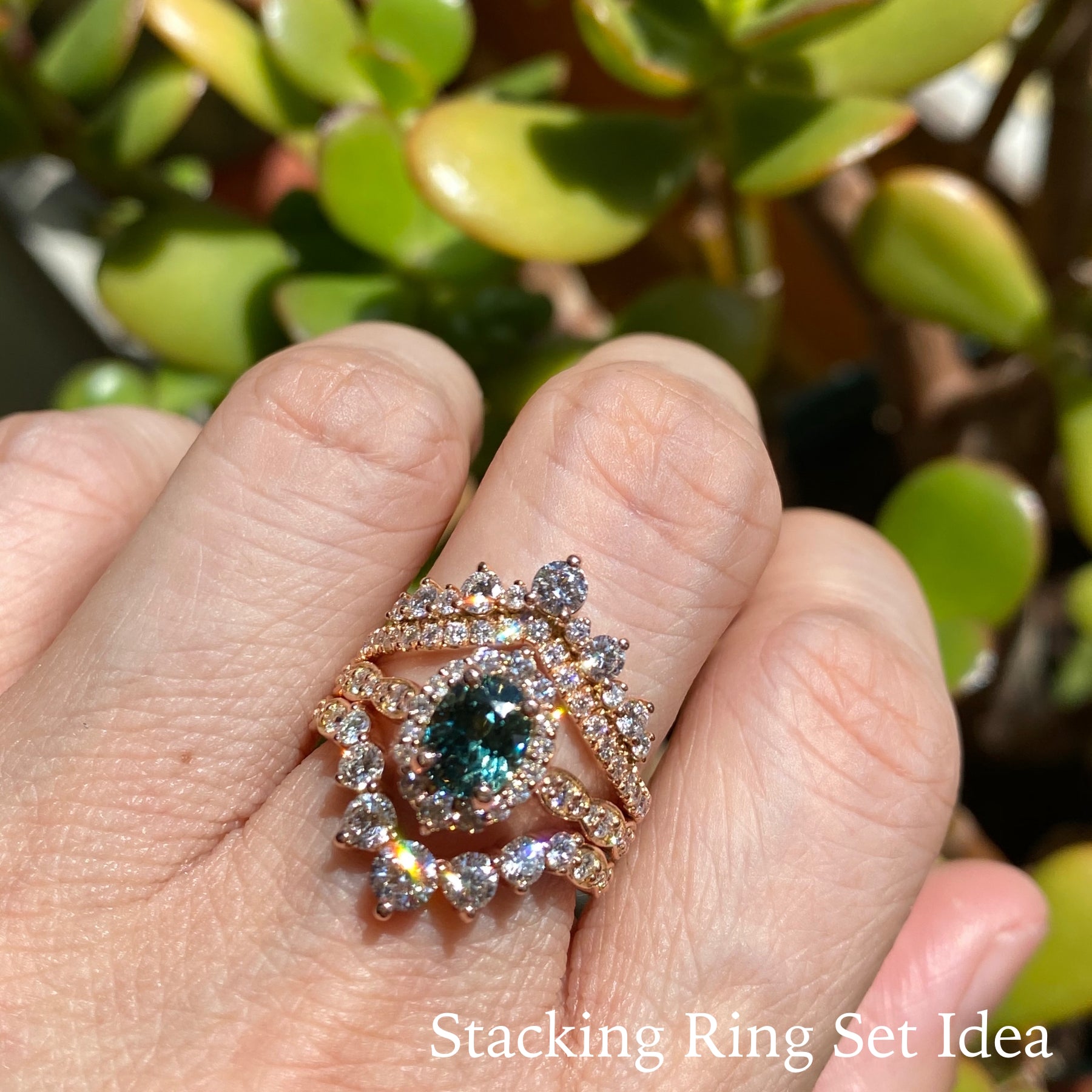 Teal Sapphire Ring Rose Gold Tiara Halo Diamond Engagement Ring La More Design Jewelry