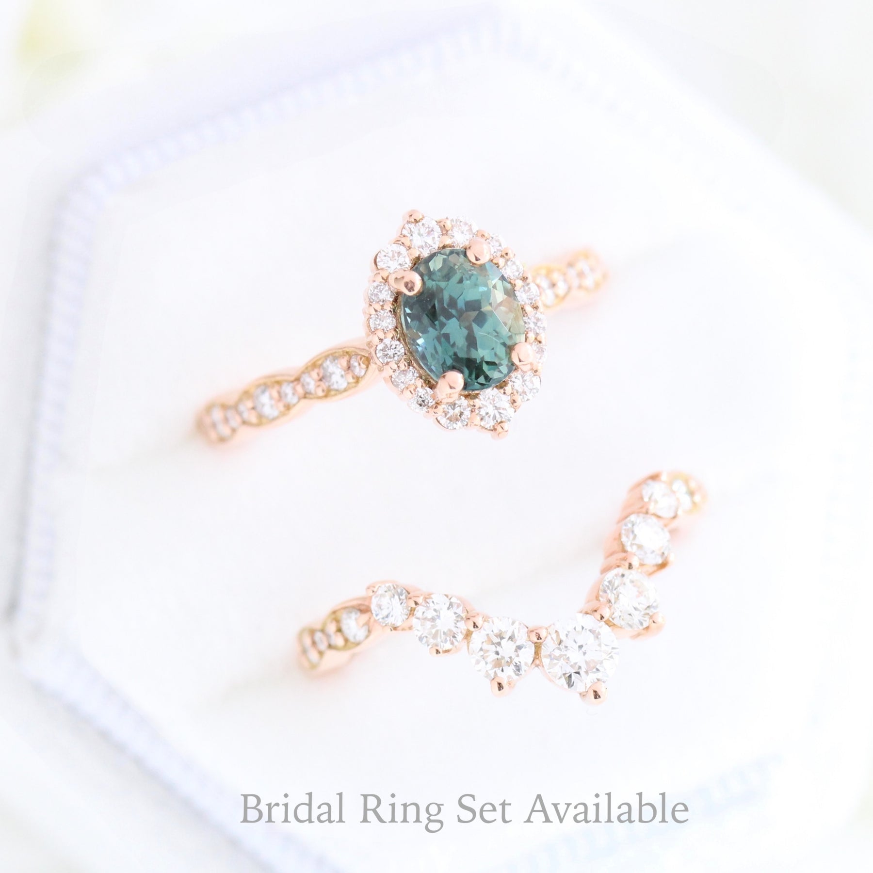 Teal Sapphire Ring Rose Gold Tiara Halo Diamond Engagement Ring La More Design Jewelry
