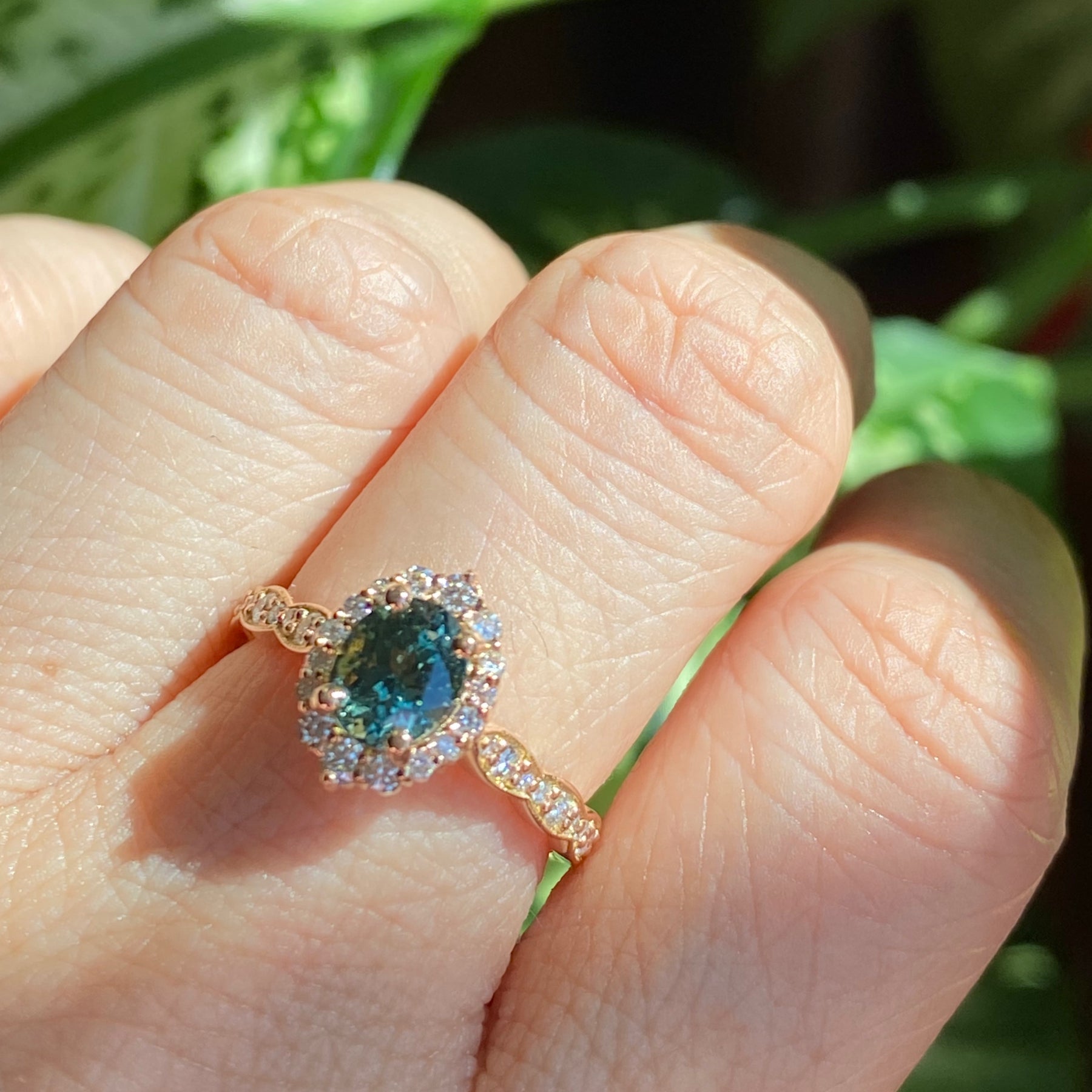 Teal Sapphire Ring Rose Gold Tiara Halo Diamond Engagement Ring La More Design Jewelry