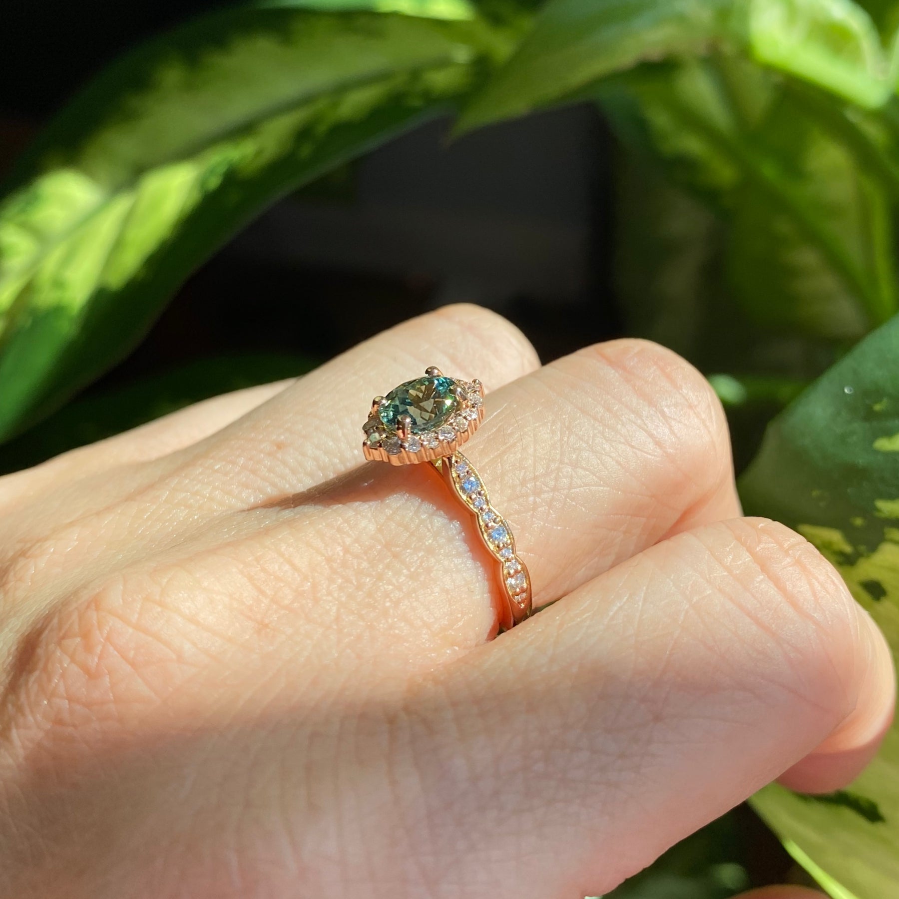 Teal Sapphire Ring Rose Gold Tiara Halo Diamond Engagement Ring La More Design Jewelry